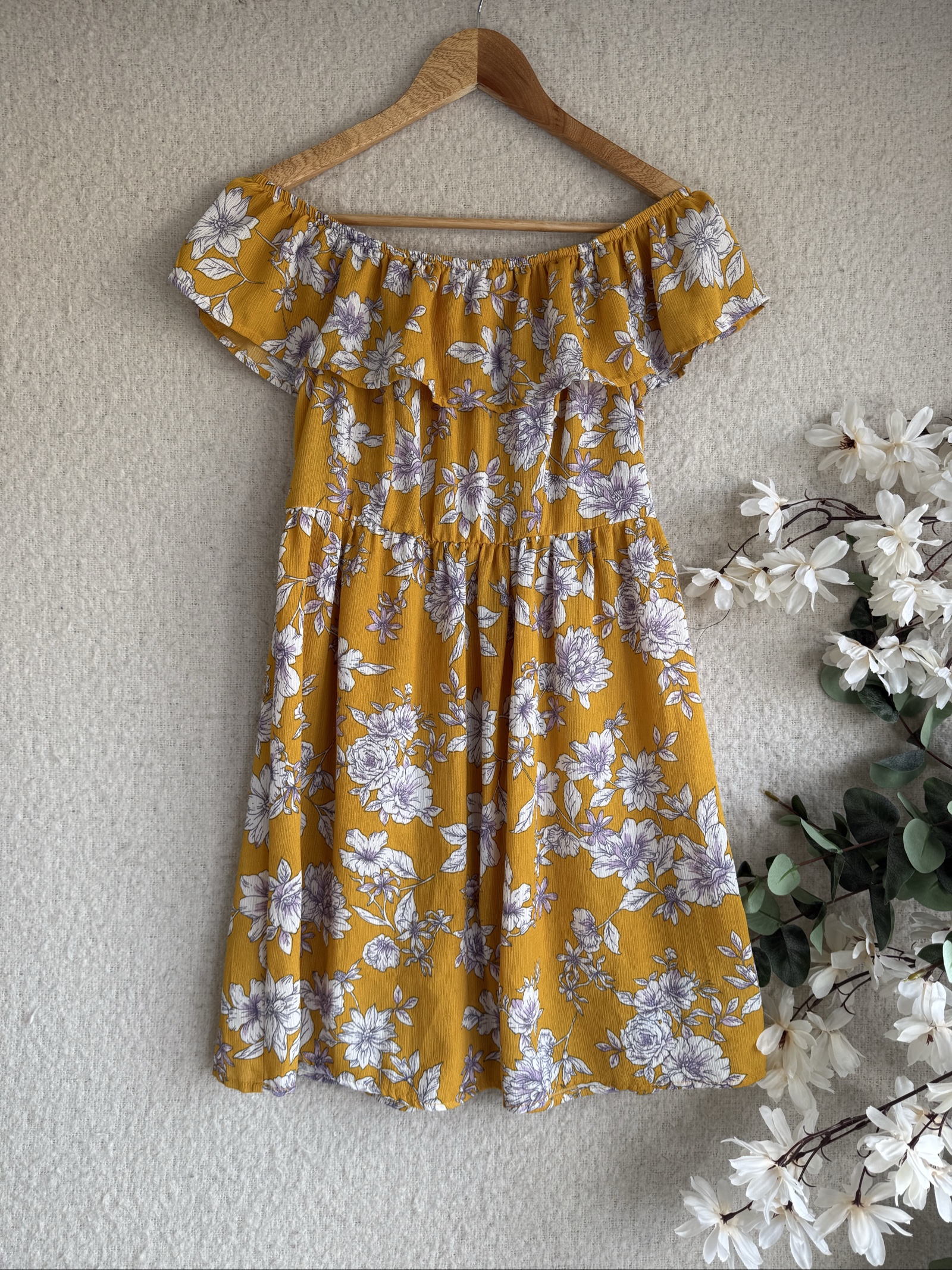 Xhilaration Mustard Yellow Floral Off Shoulder Dress Medium Lightweight Summer