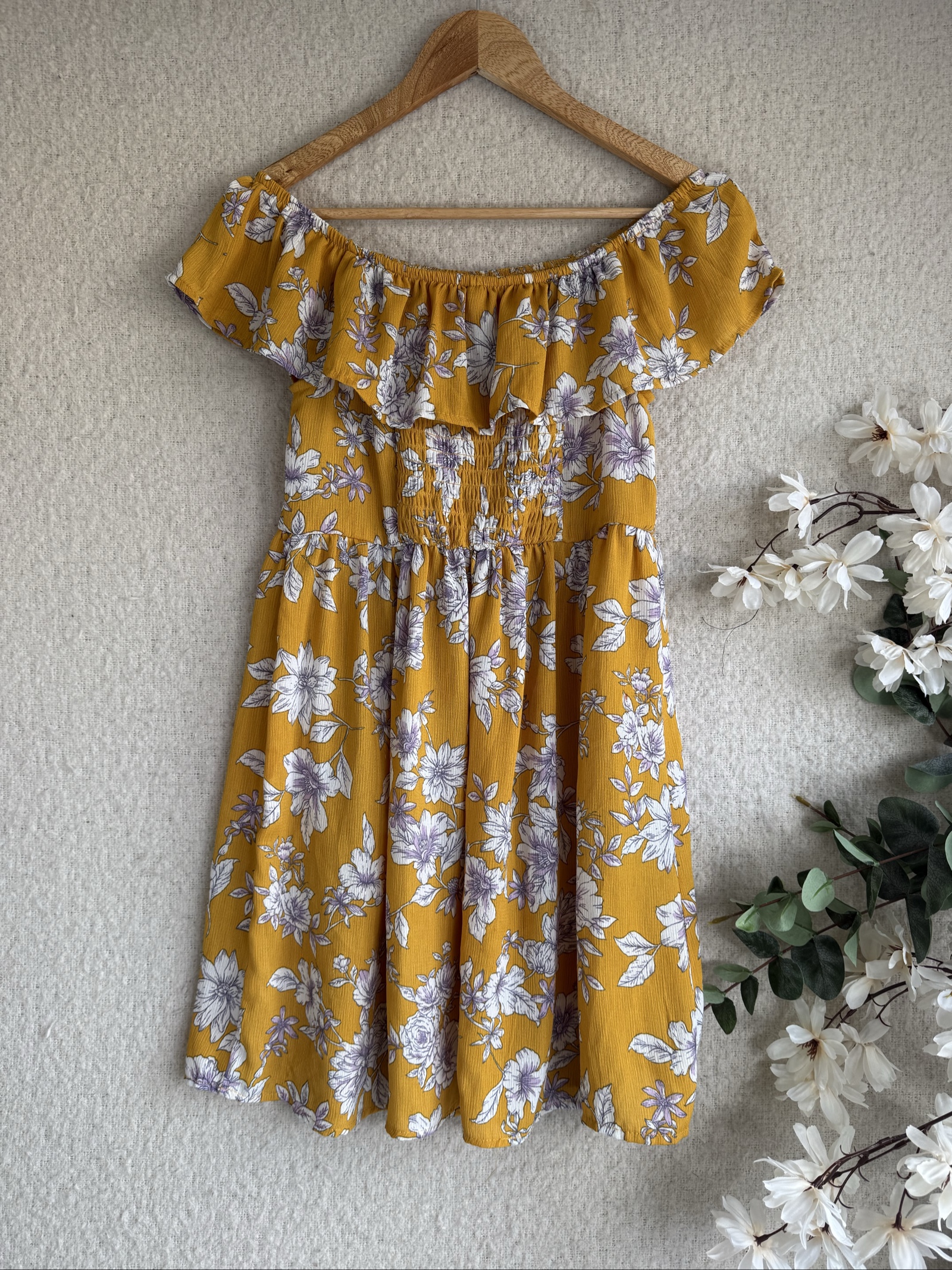Xhilaration Mustard Yellow Floral Off Shoulder Dress Medium Lightweight Summer image 4