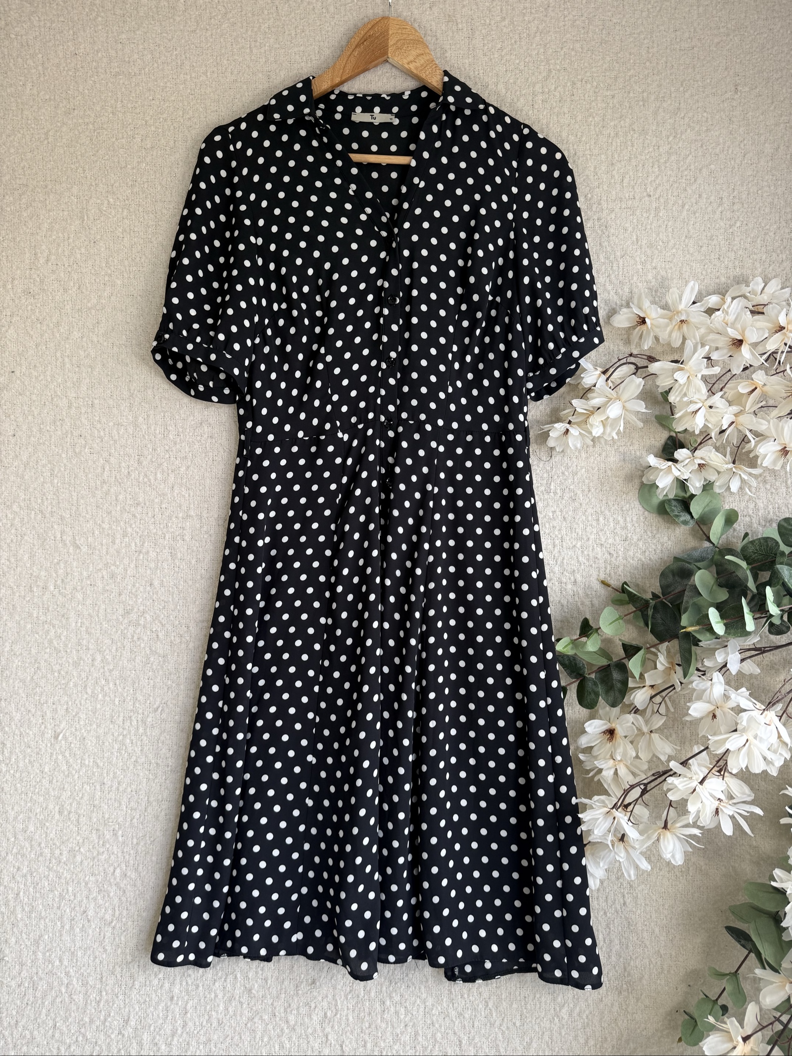 Tu Black & White Polka Dot Shirt Dress UK 10 Classic Vintage Style