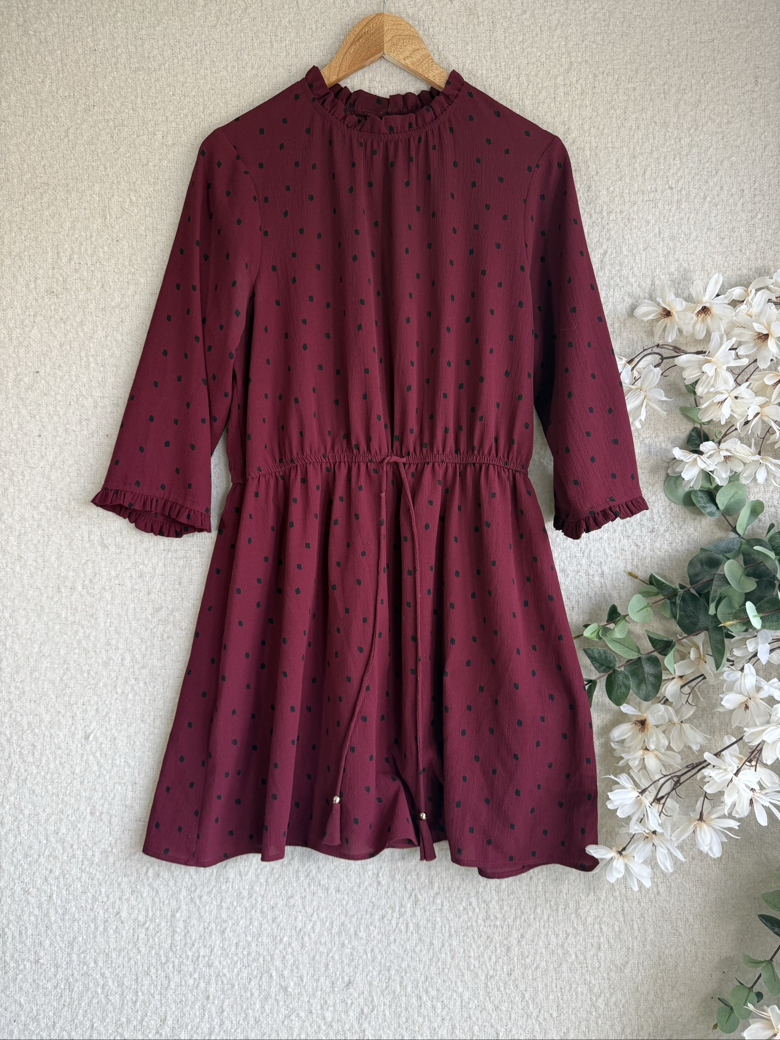 Papaya Burgundy & Black Polka Dot Ruffle Neck Tie Waist Dress UK 16