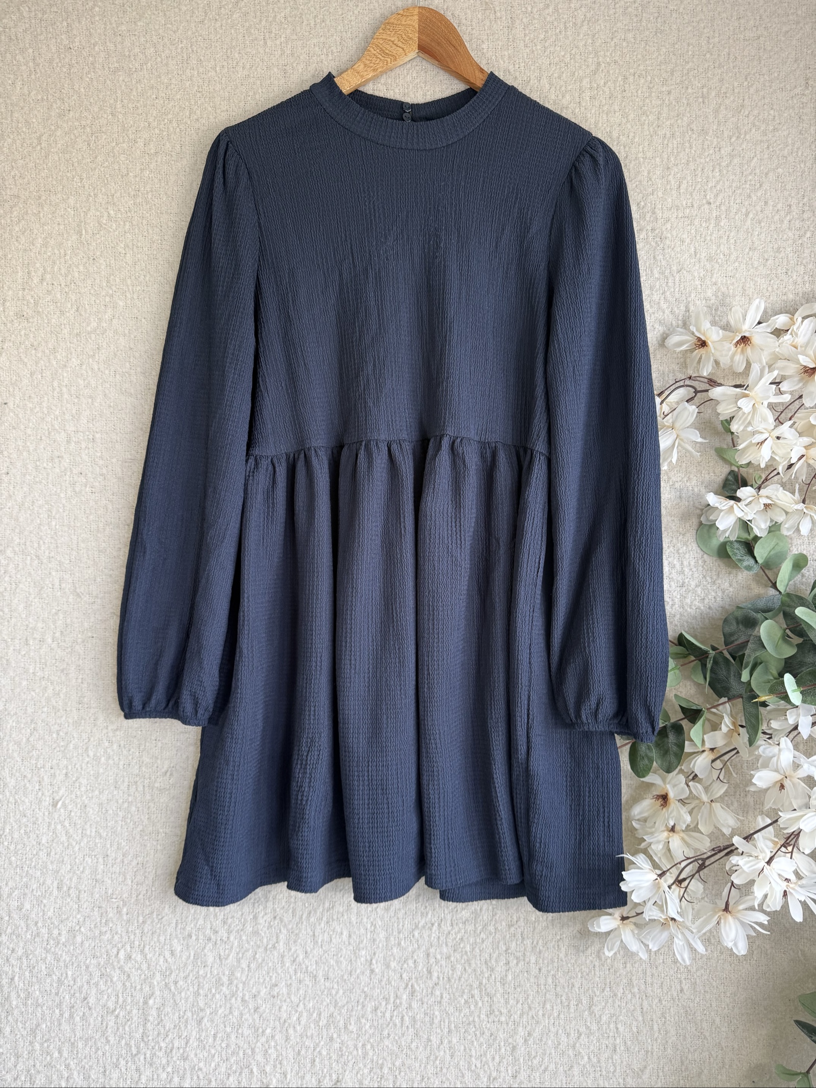 New Look Navy Blue Textured Long Sleeve Dress UK 14 Stylish Casual Formal