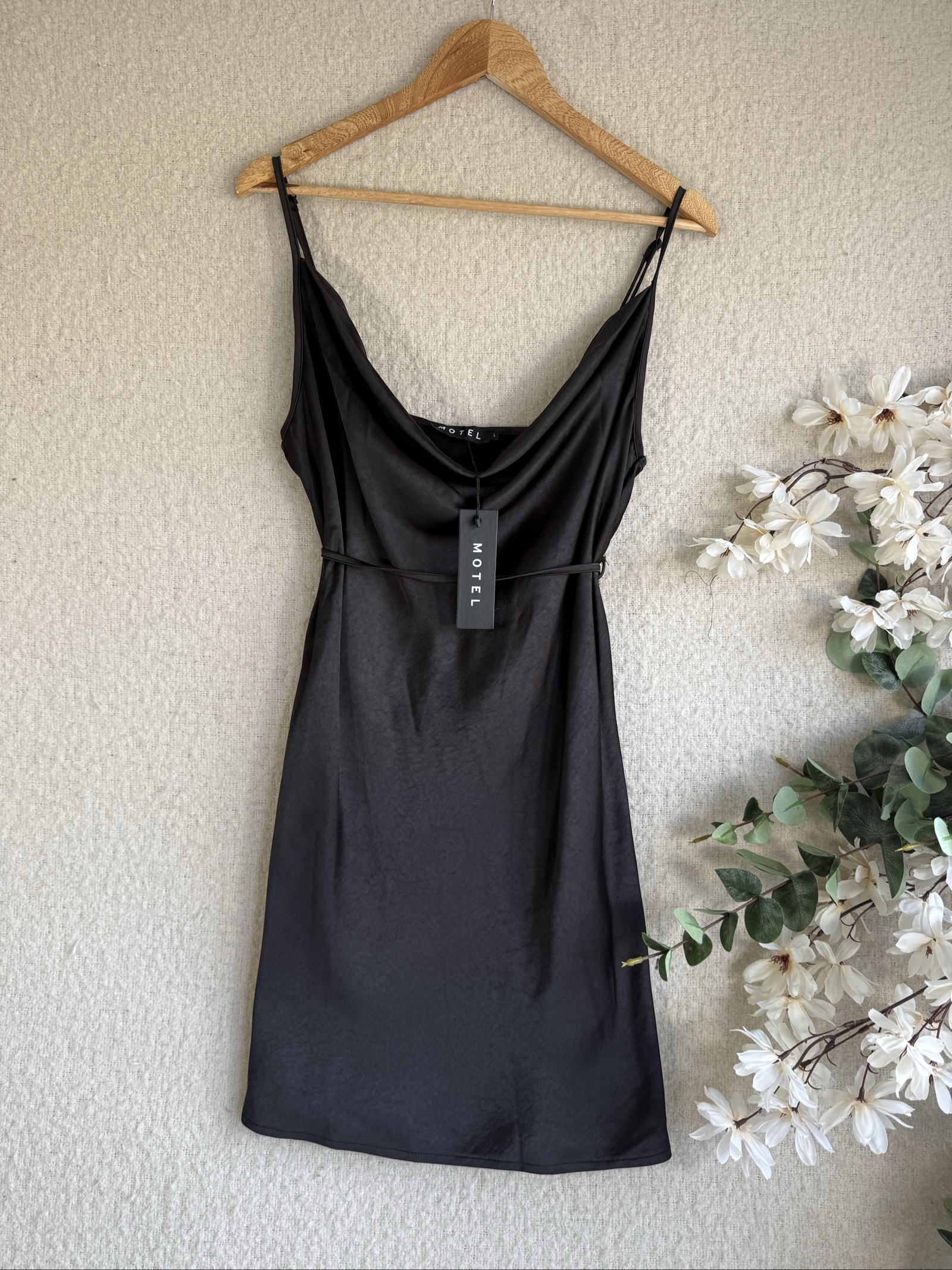Motel Black Satin Slip Dress UK Large Elegant Strappy Midi Dress