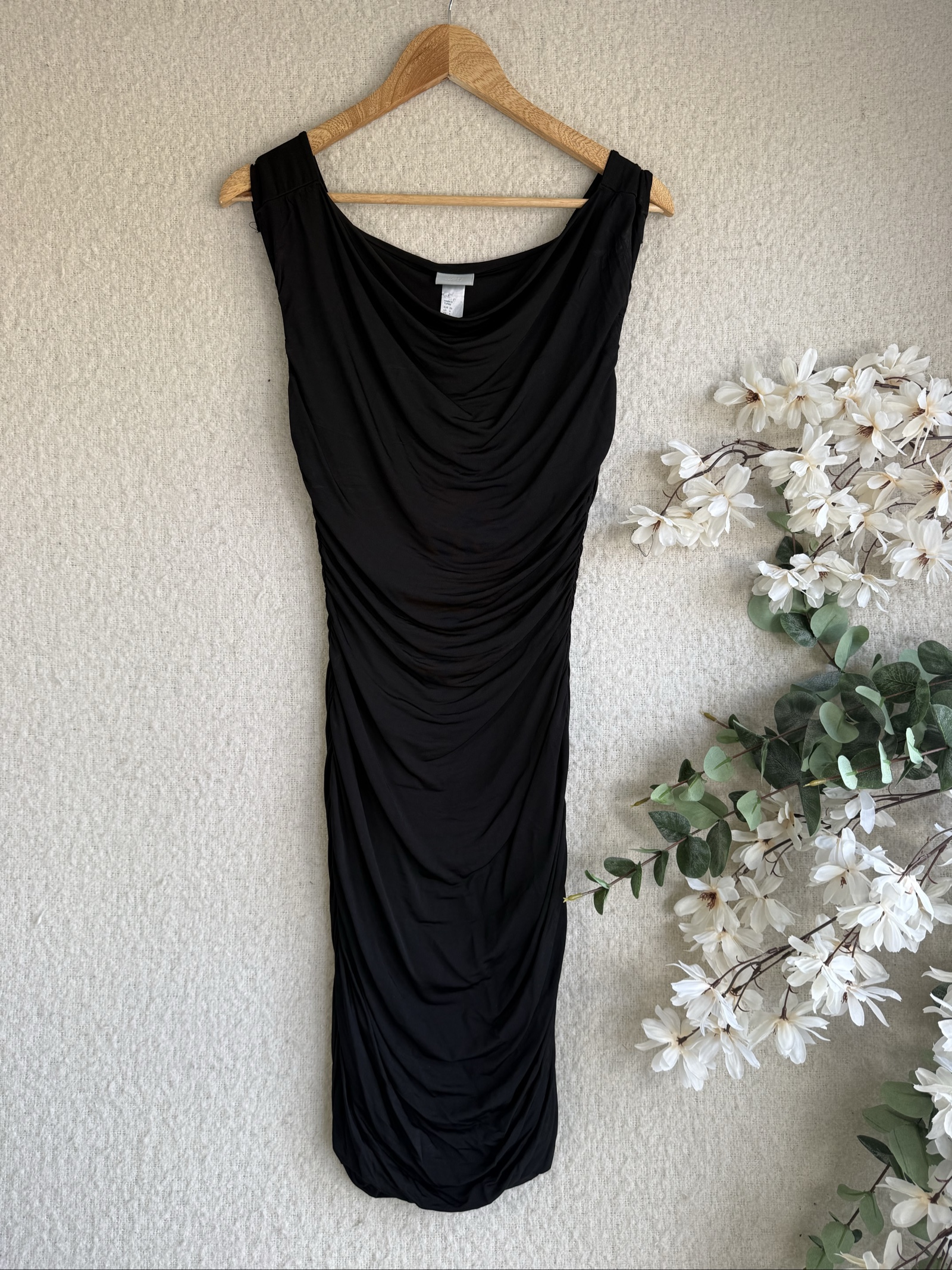 H&M Black Ruched Bodycon Dress UK 10 Sleeveless Elegant Occasion