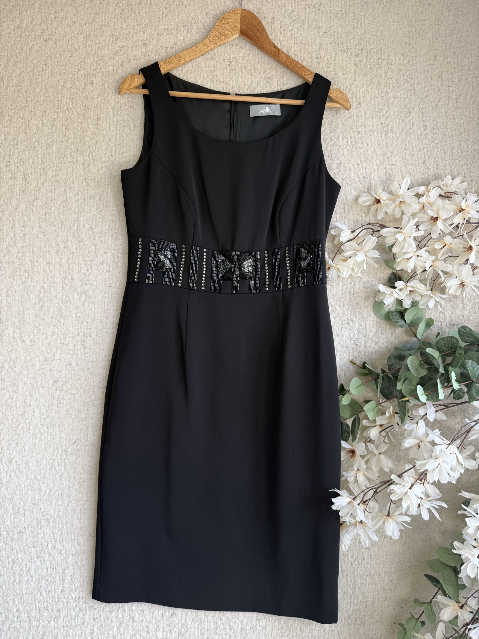 Wallis Black Beaded Waist Detail Sleeveless Dress UK 12 Elegant Formal