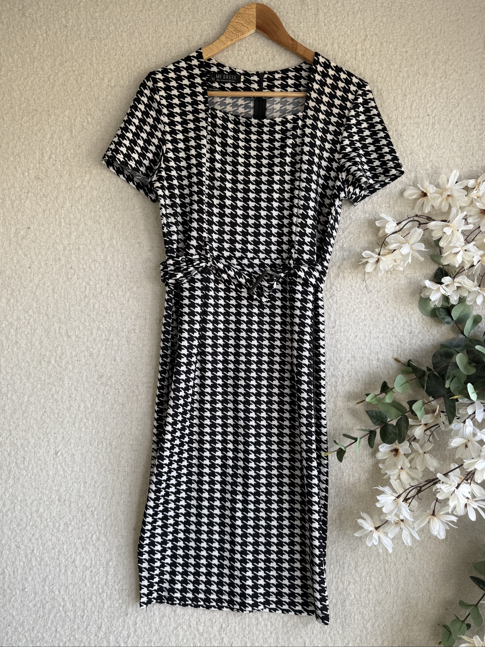 MF Dress Black & White Houndstooth Pattern Midi Dress UK 14 Elegant Classic