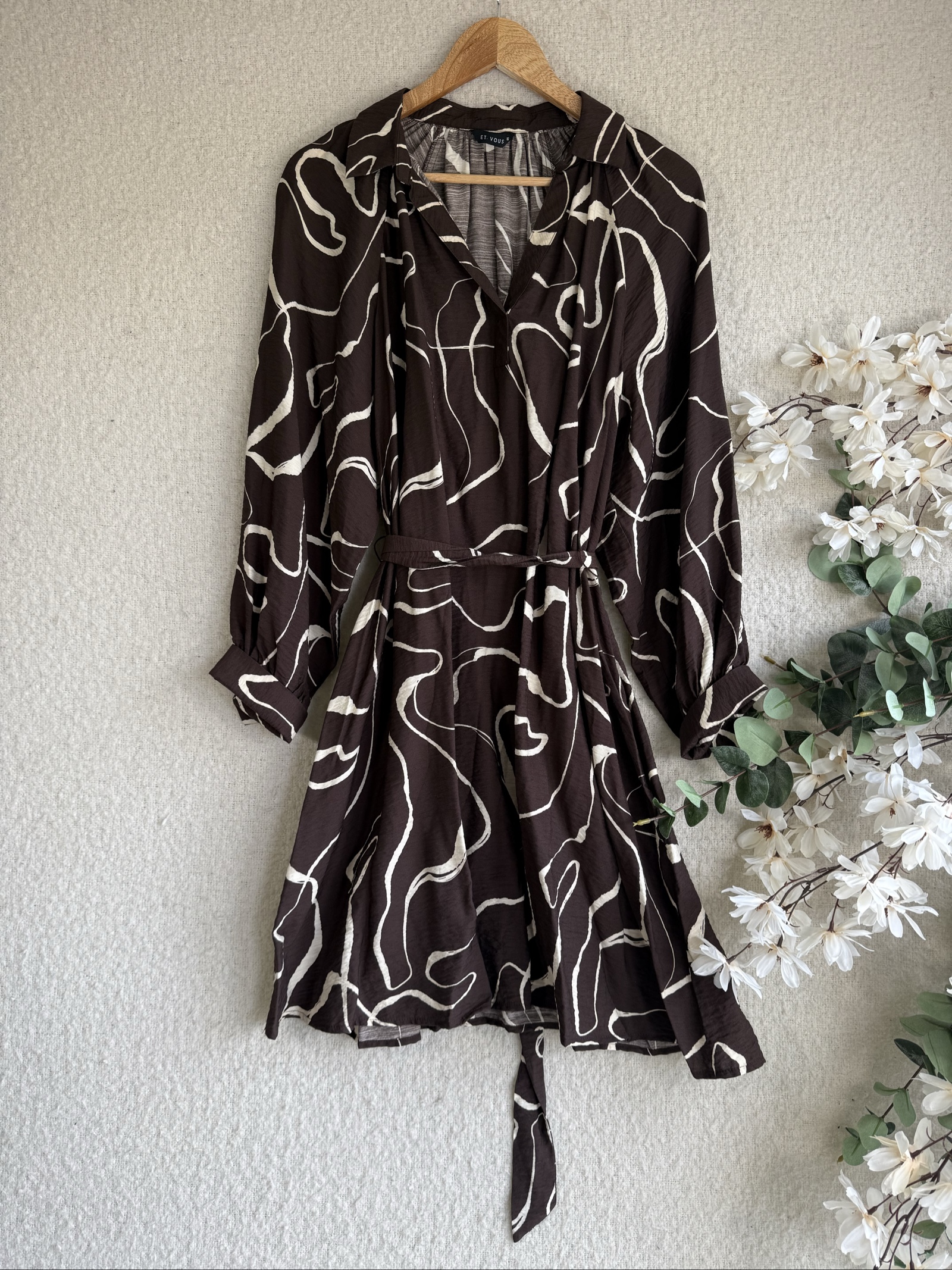 Et Vous Brown & White Printed Shirt Dress UK 16 Relaxed Fit Long Sleeve