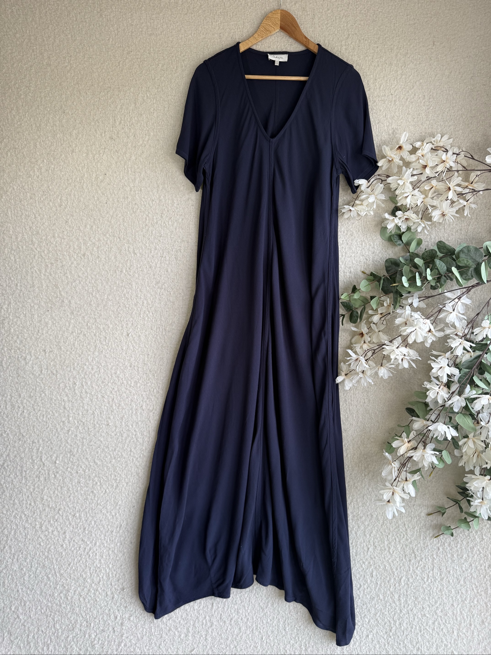 Sahara Navy Blue Maxi Dress V Neck Short Sleeve Size UK 10 Elegant Casual