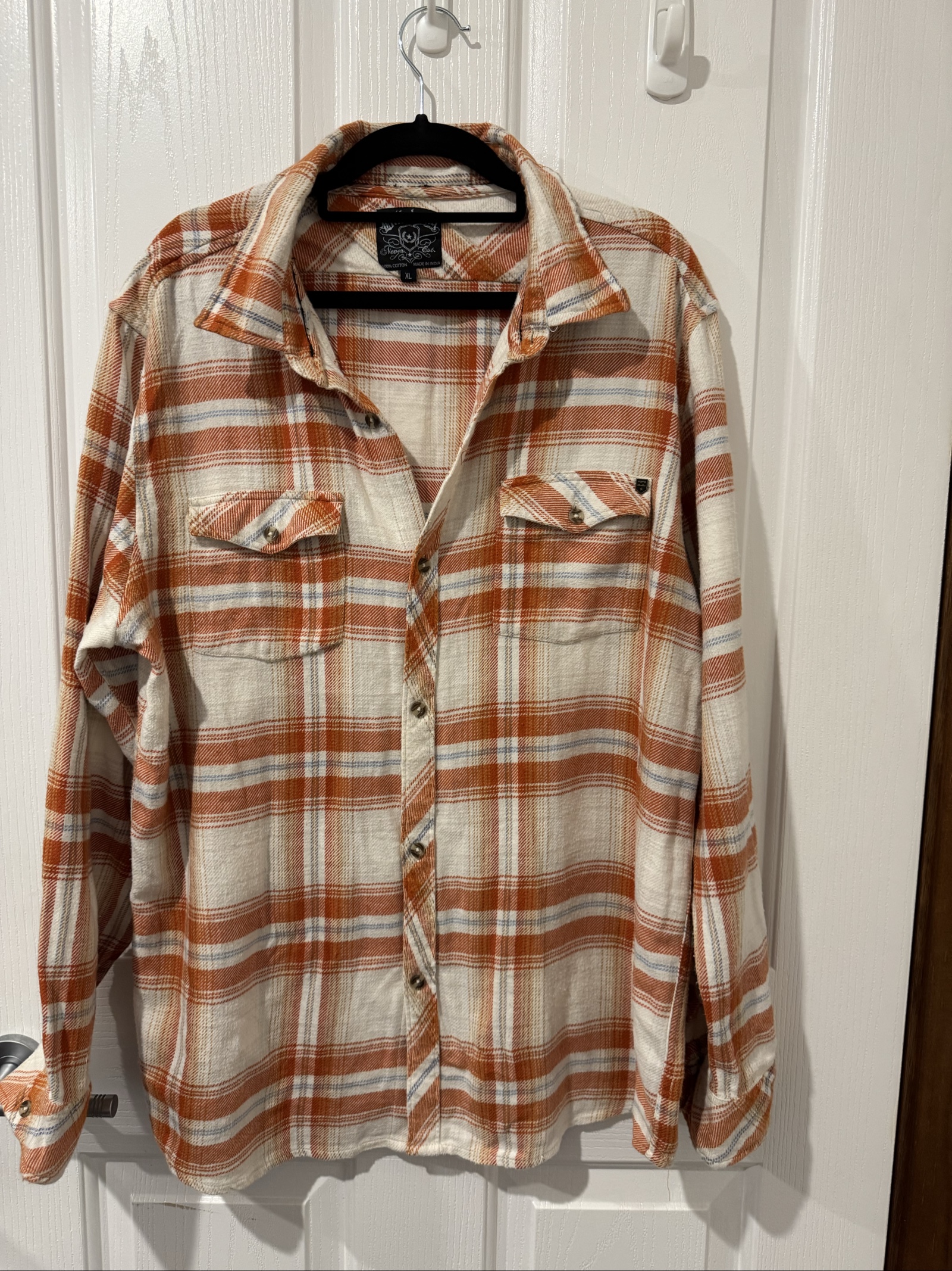 Billabong Orange & White Plaid Shirt XL 100% Cotton