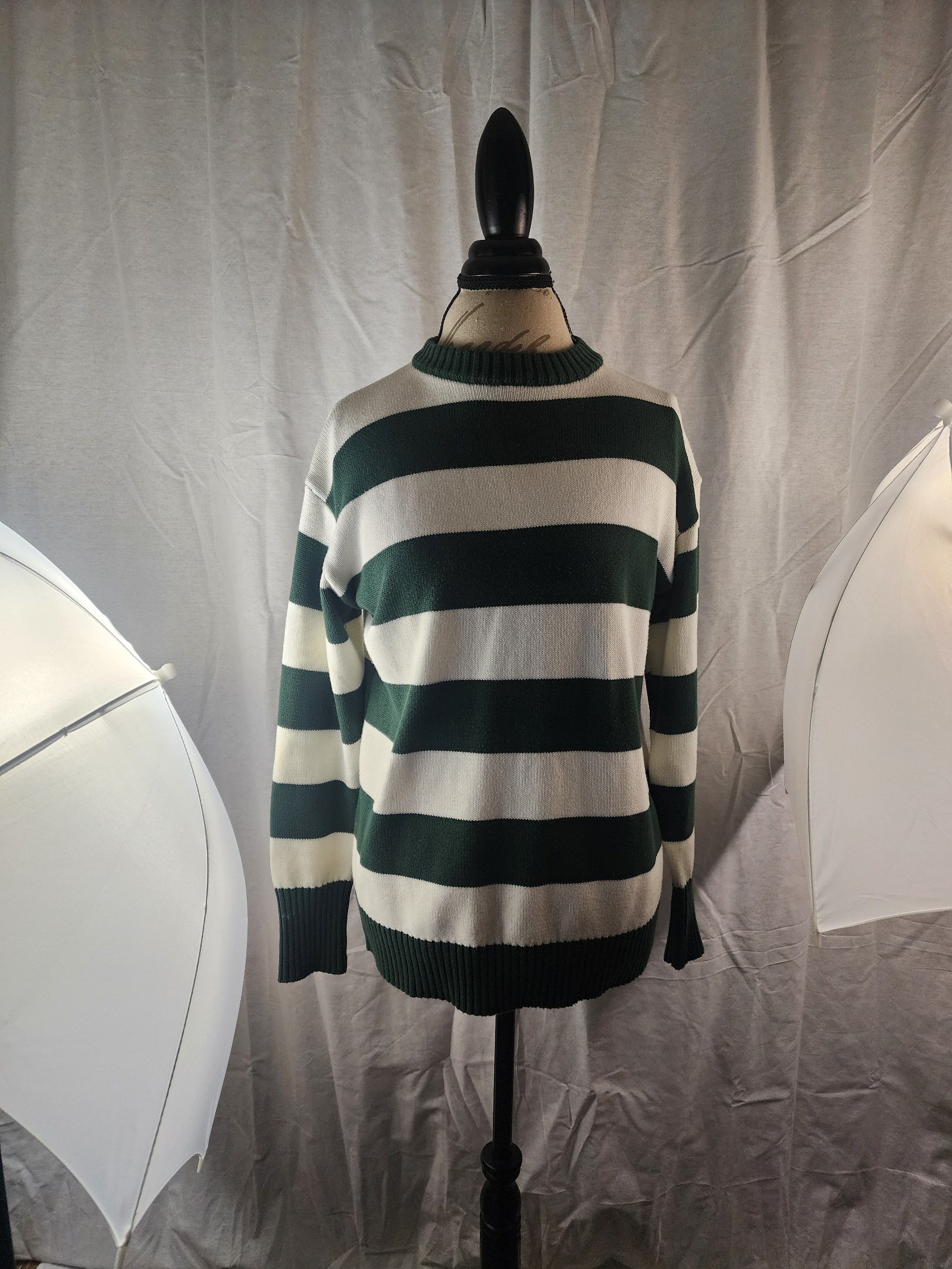 Orange Kiss Essentials Green & White Stripe Sweater Small Soft Knit