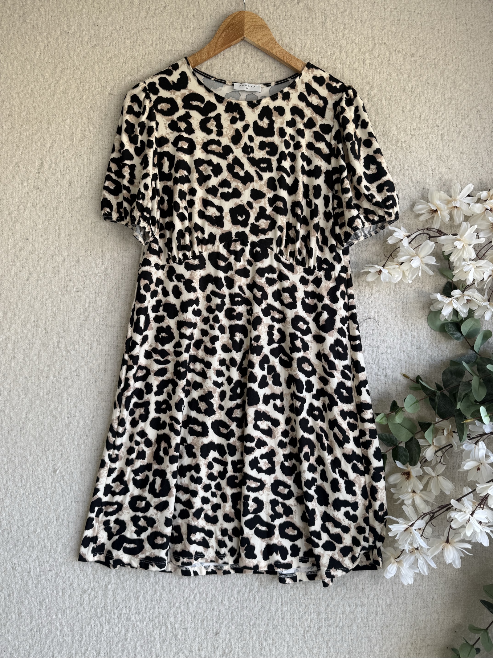 Papaya Black & Beige Leopard Print Dress UK 14 Puff Sleeve Casual Style