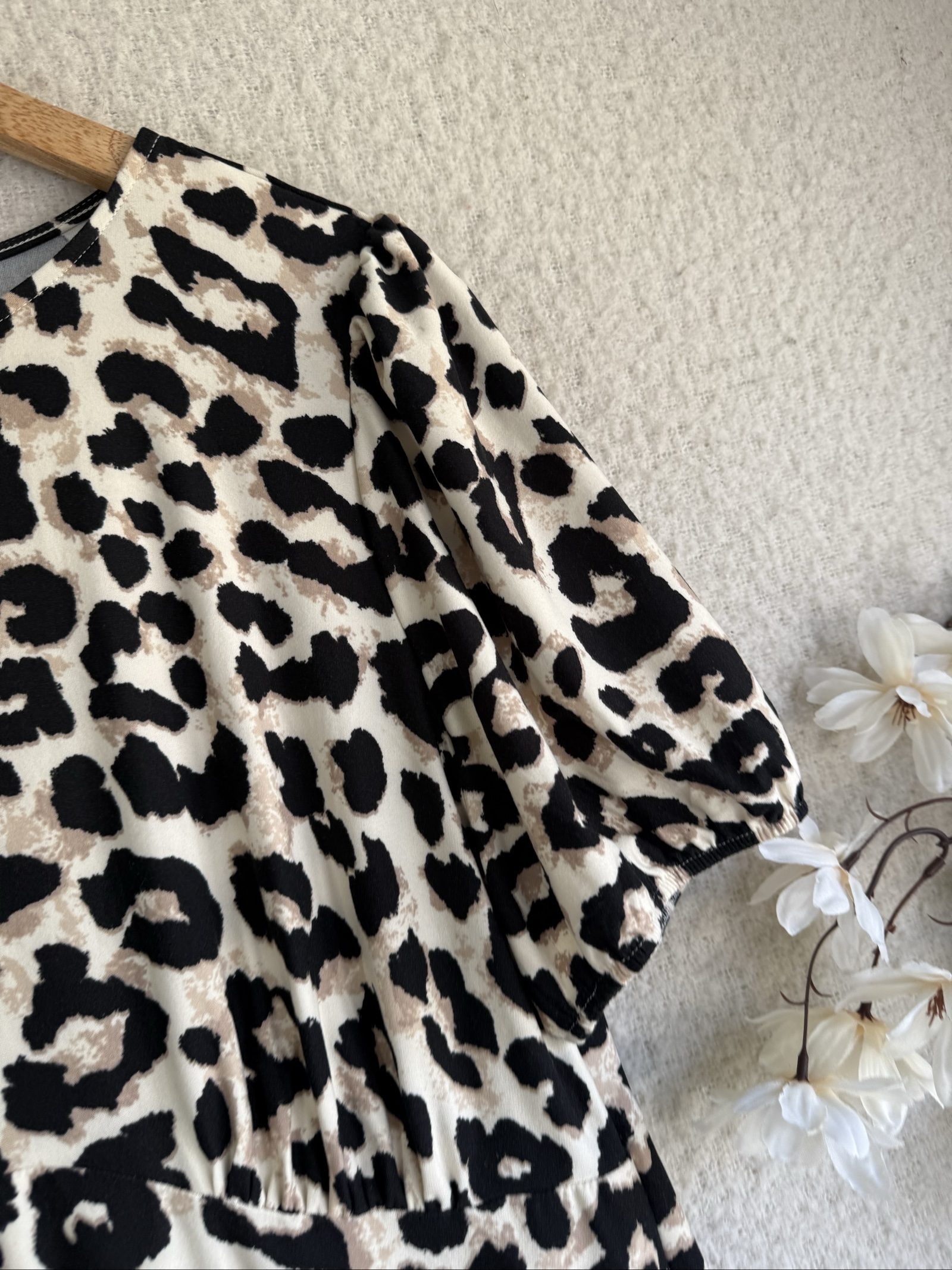 Papaya Black & Beige Leopard Print Dress UK 14 Puff Sleeve Casual Style image 2