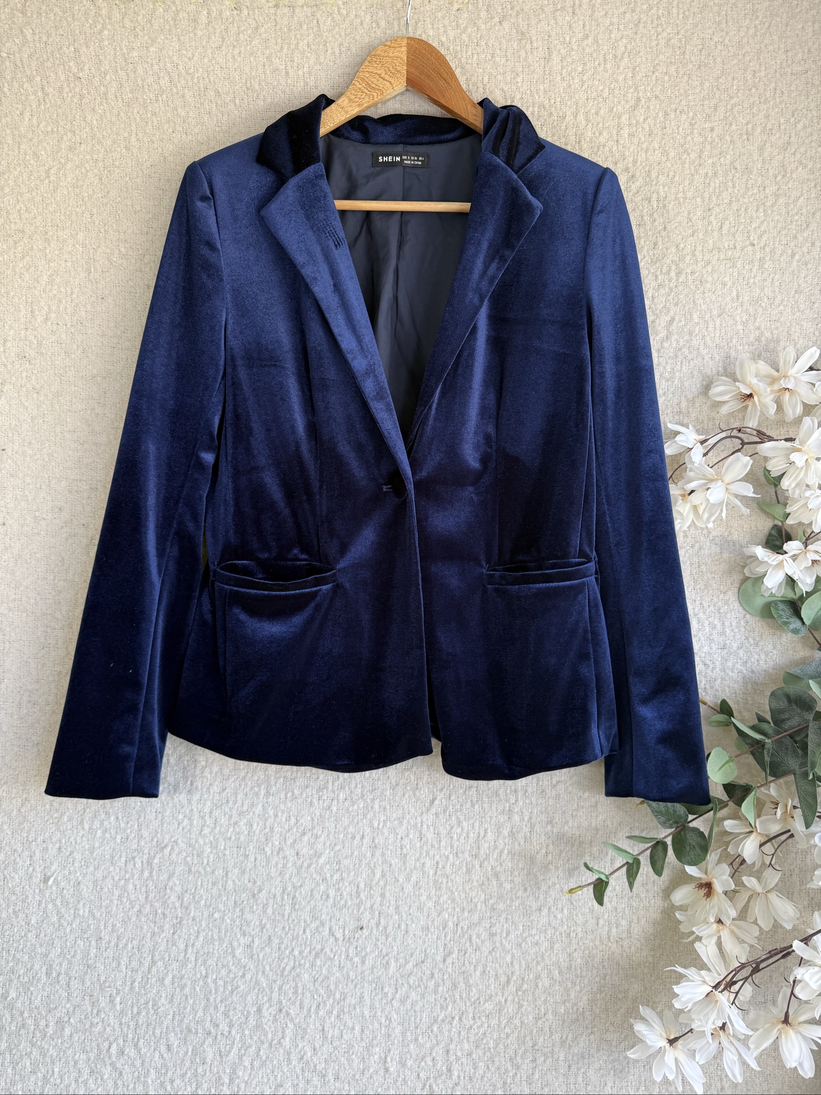 Shein Navy Velvet Blazer Jacket Women Small Chic Stylish Elegant