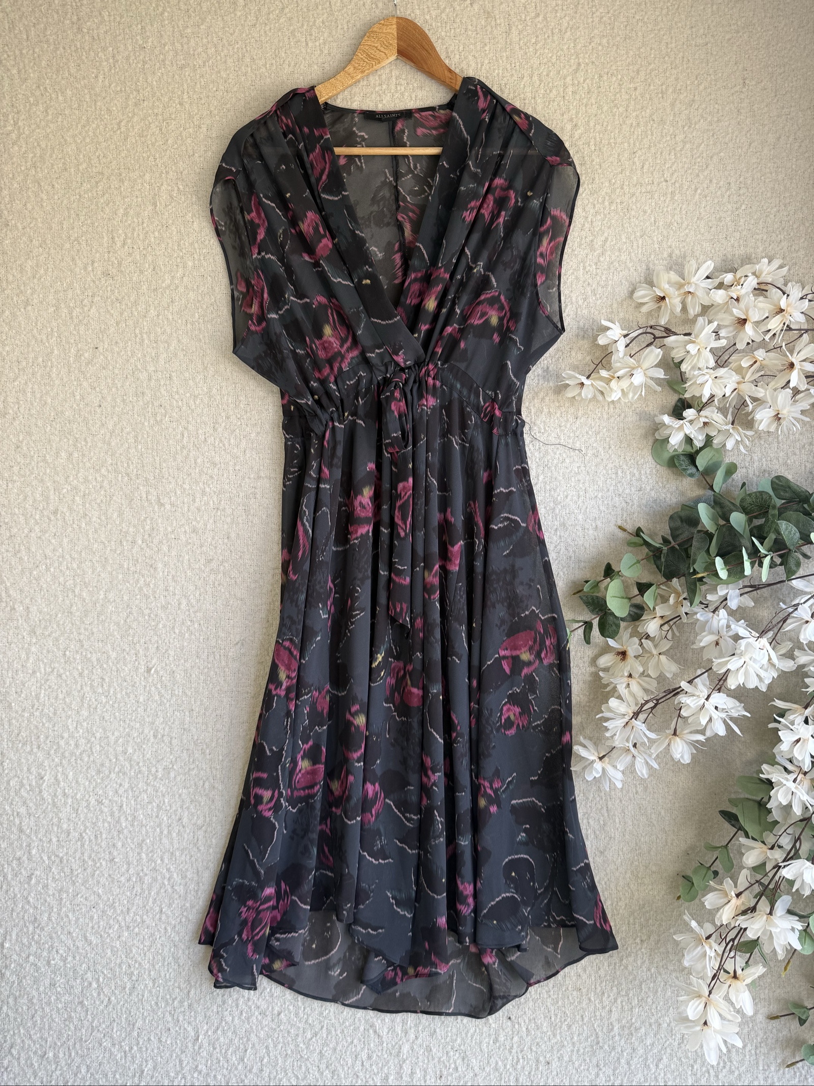 AllSaints Black & Pink Floral Midi Dress Medium Elegant Sheer Occasion