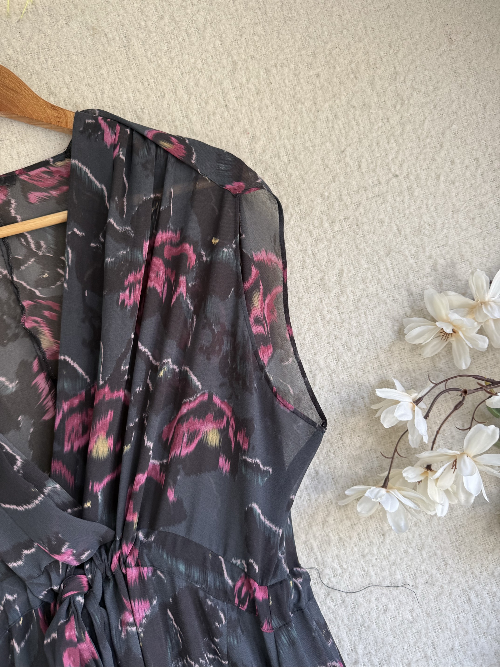 AllSaints Black & Pink Floral Midi Dress Medium Elegant Sheer Occasion image 2