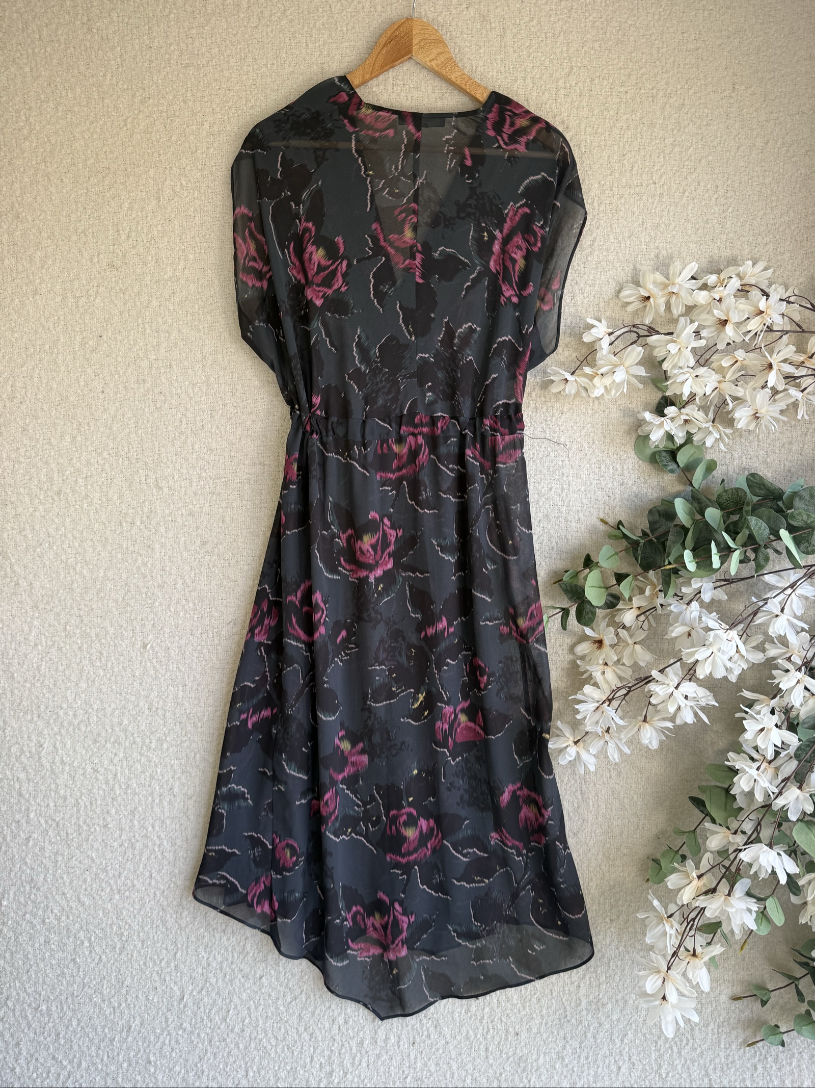 AllSaints Black & Pink Floral Midi Dress Medium Elegant Sheer Occasion image 5