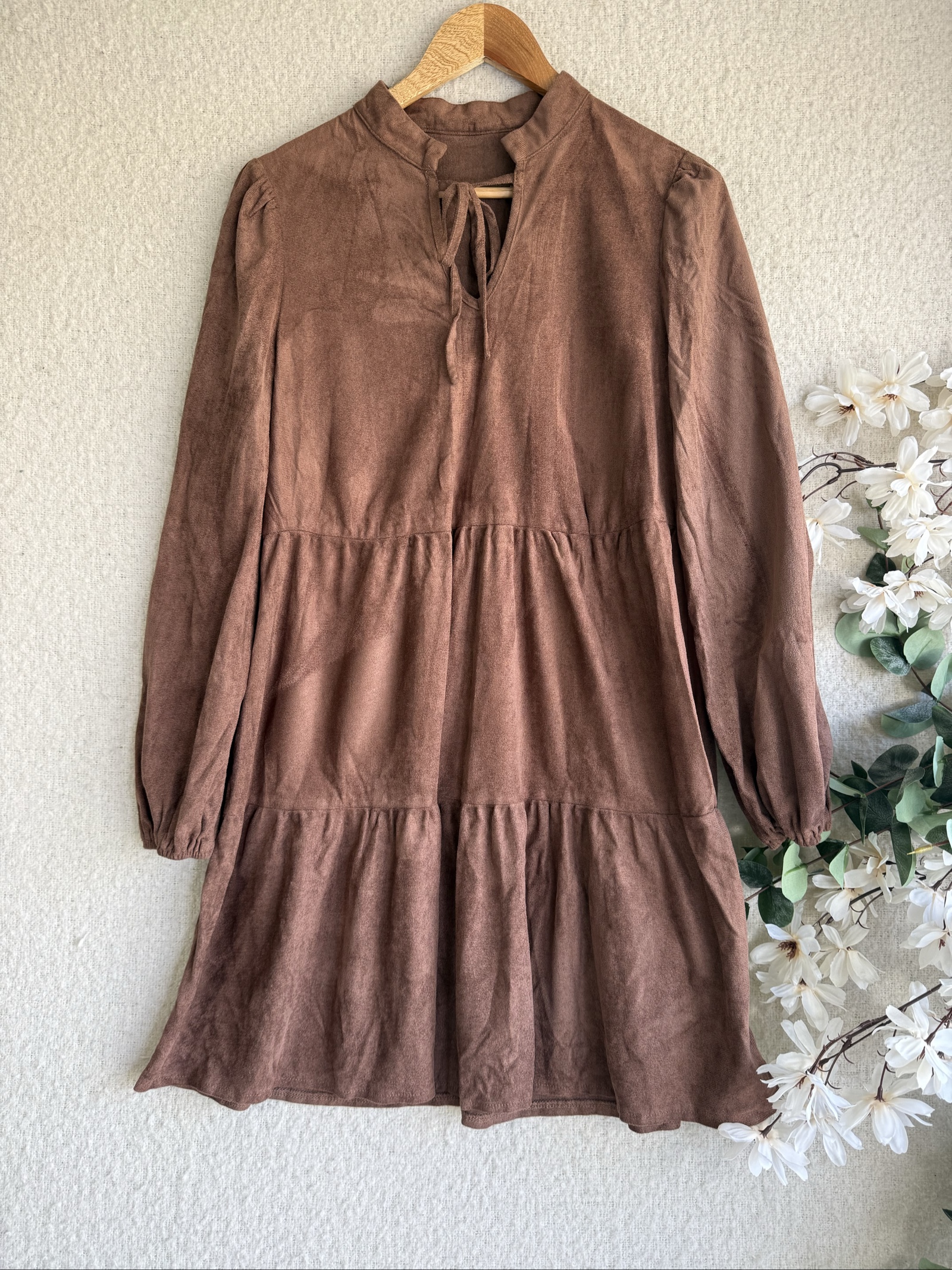 Emery Rose Brown Faux Suede Dress Women Medium Tie Neck Long Sleeve