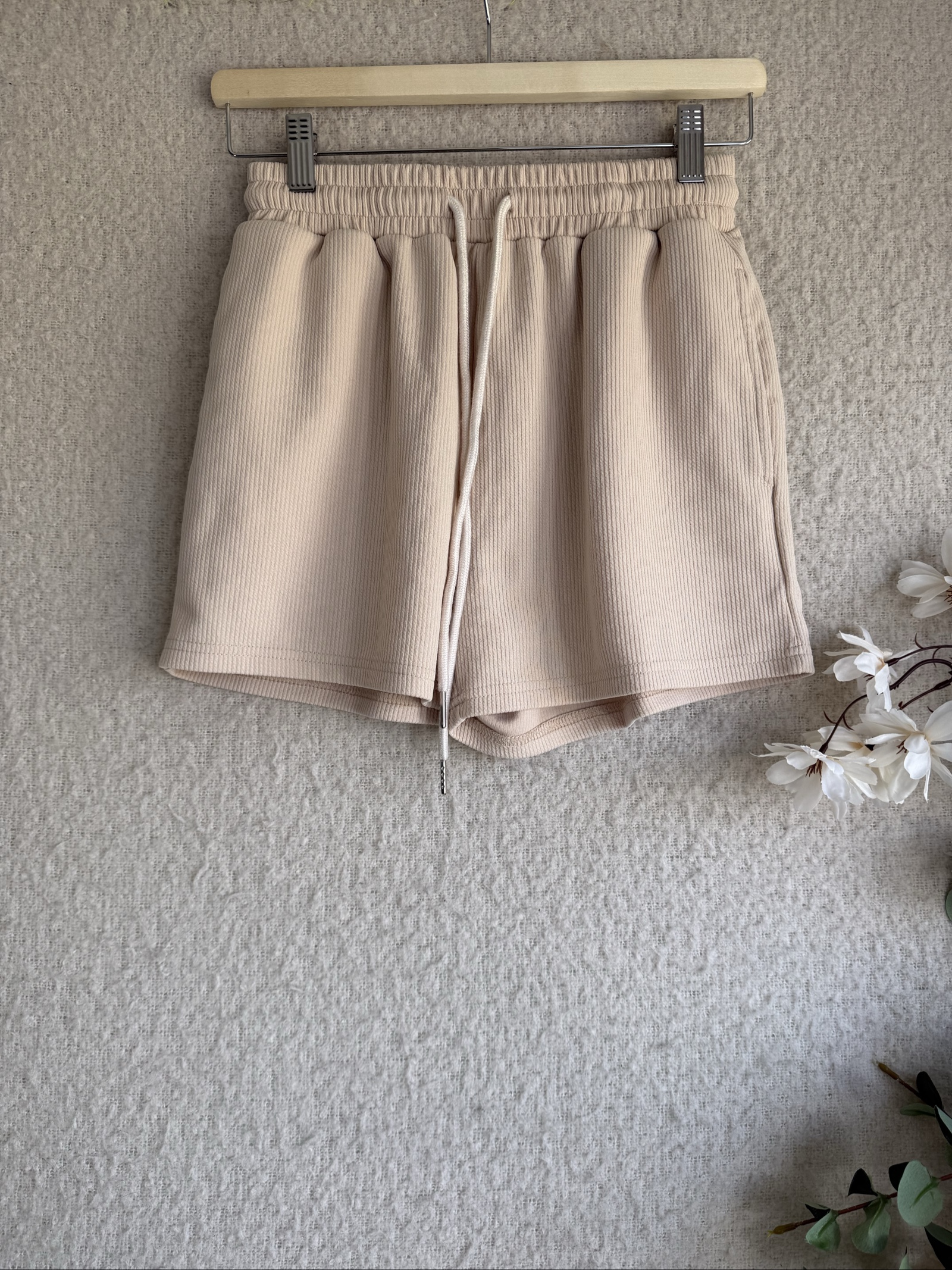 Shein Beige Ribbed Knit Shorts Small Relaxed Fit Drawstring Waist