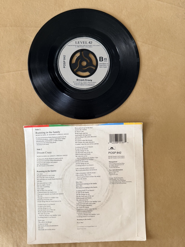 Level 42 Vinyl Record Running in the Family Single 7" record image 2