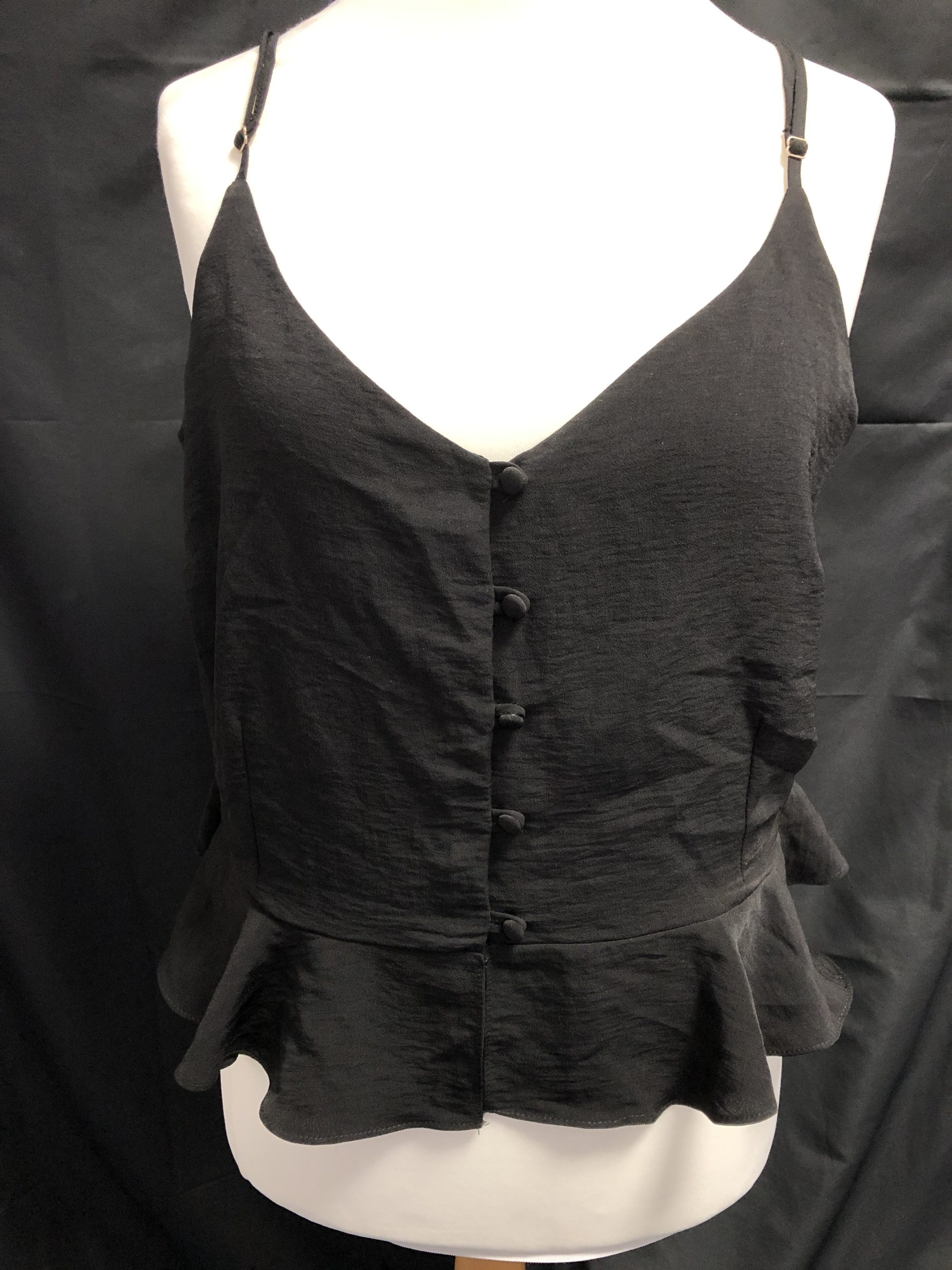 River Island Black Peplum Cami Top UK 18 Button Detail Pre-Owned