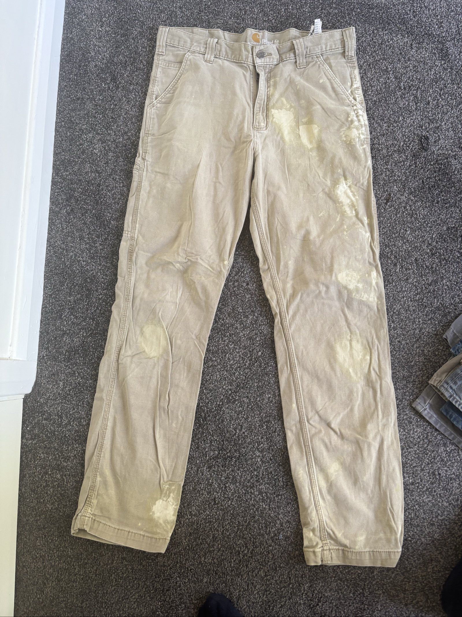 Carhartt Beige Relaxed Fit Work Trousers 34x34 Paint-Stained image 2