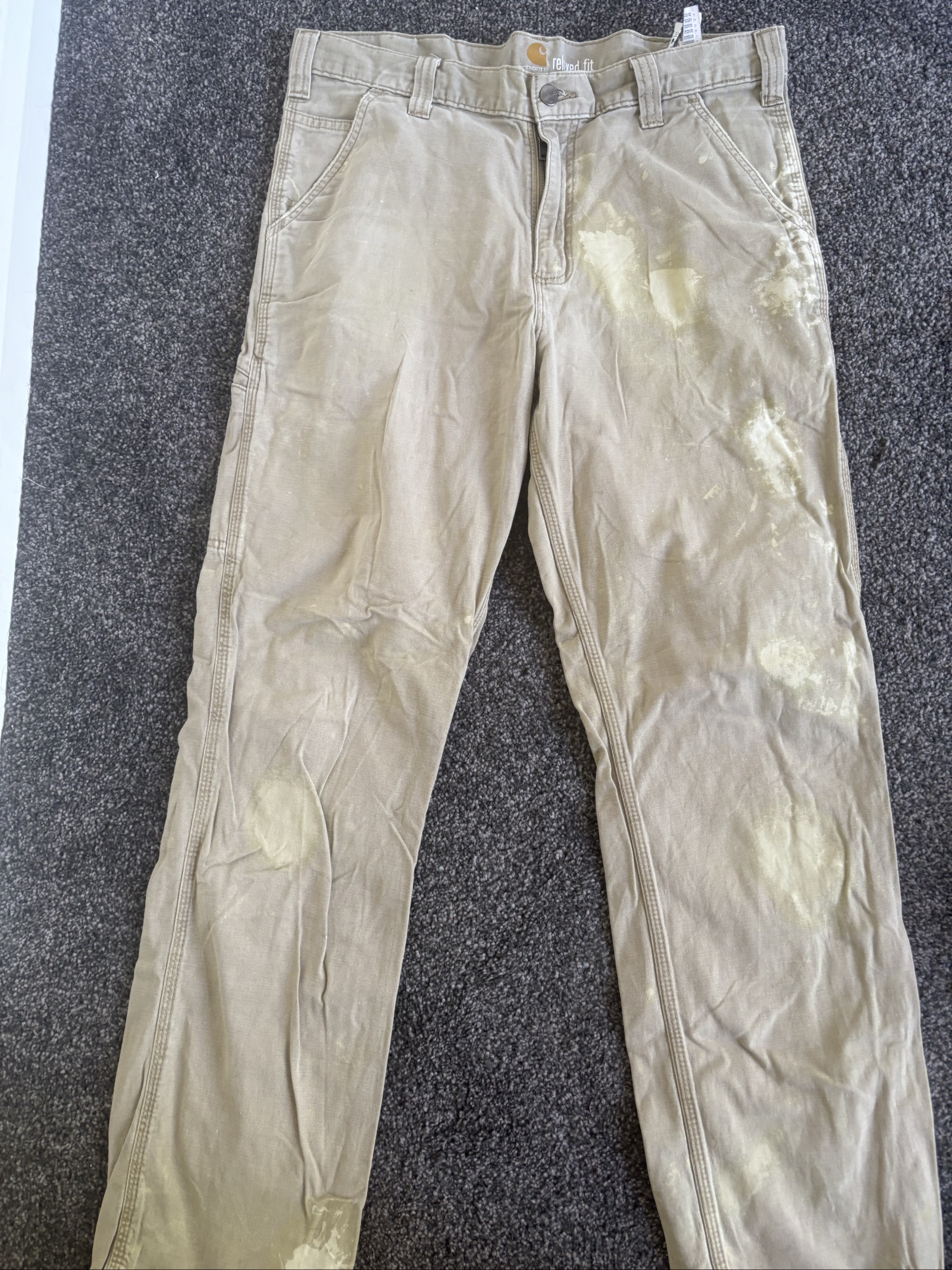 Carhartt Beige Relaxed Fit Work Trousers 34x34 Paint-Stained image 3