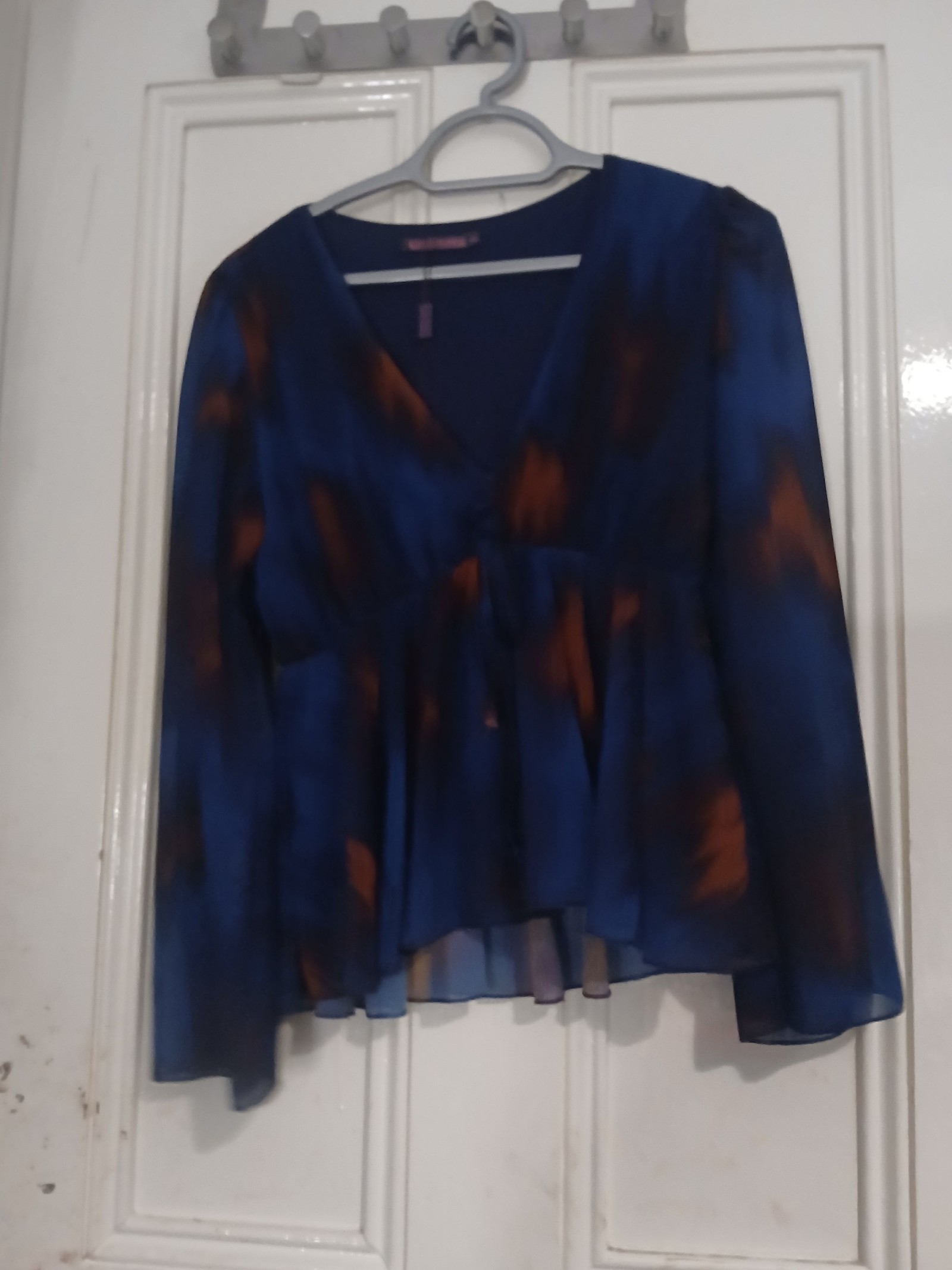 Kate+Pippa Blue & Brown Printed V-neck Blouse Large
