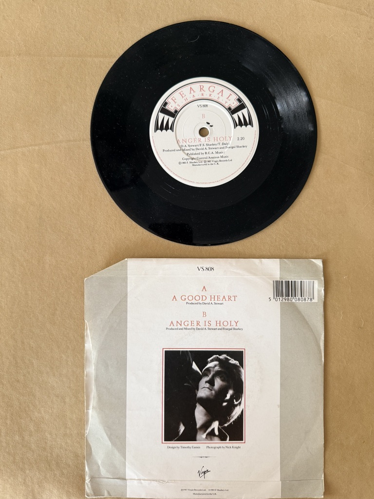 Feargal Sharkey Black Vinyl 7" Single A Good Heart & Anger Is Holy Record image 2
