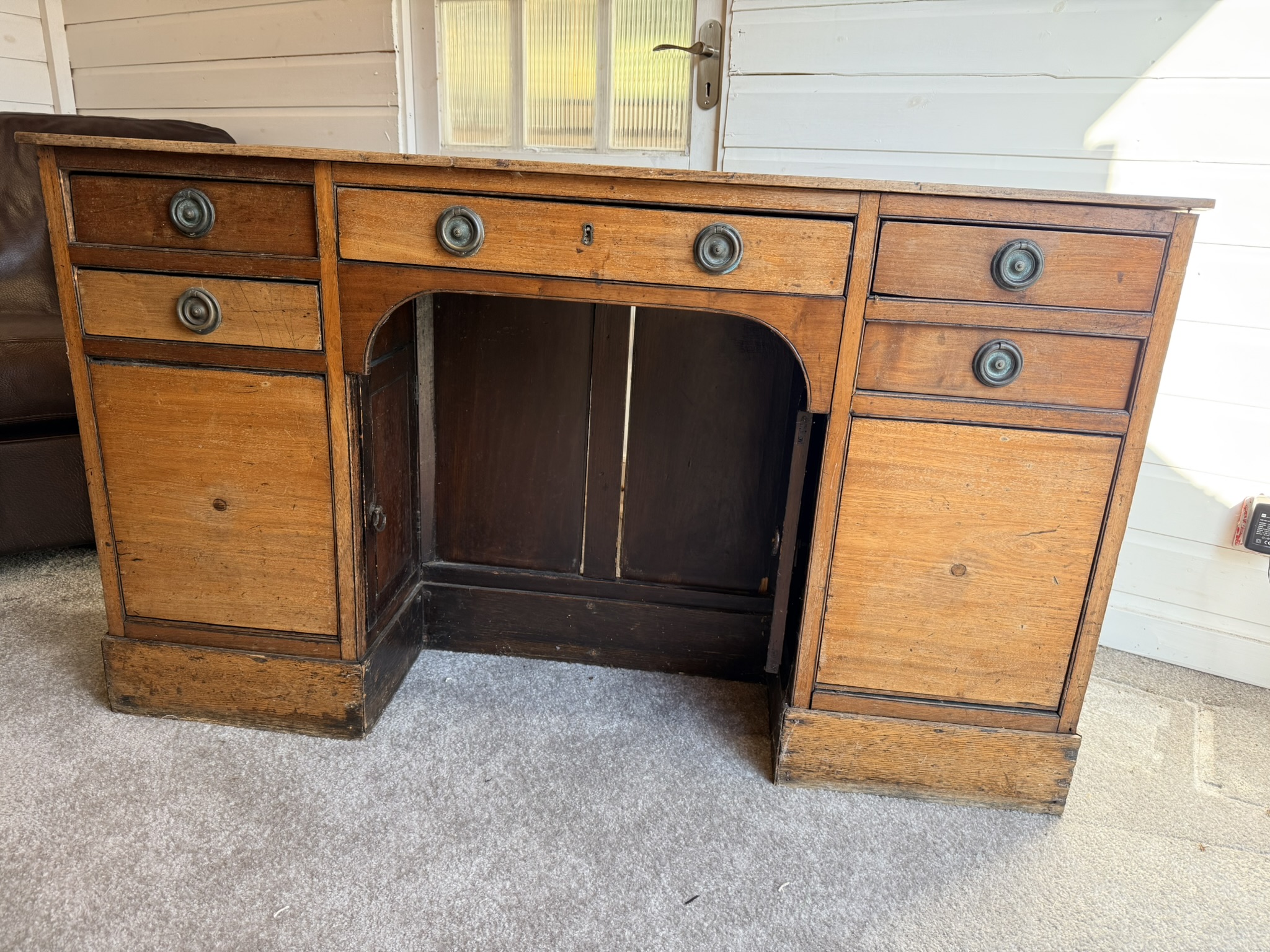 Vintage Antique Narrow Desk / Hall Unit with Five Drawers and Metal Ring Handles