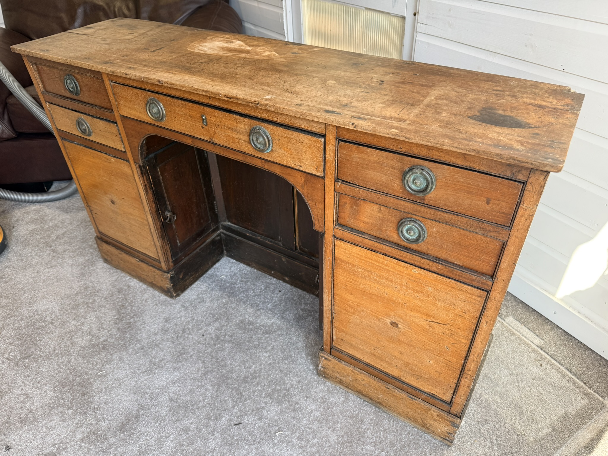 Vintage Antique Narrow Desk / Hall Unit with Five Drawers and Metal Ring Handles image 2
