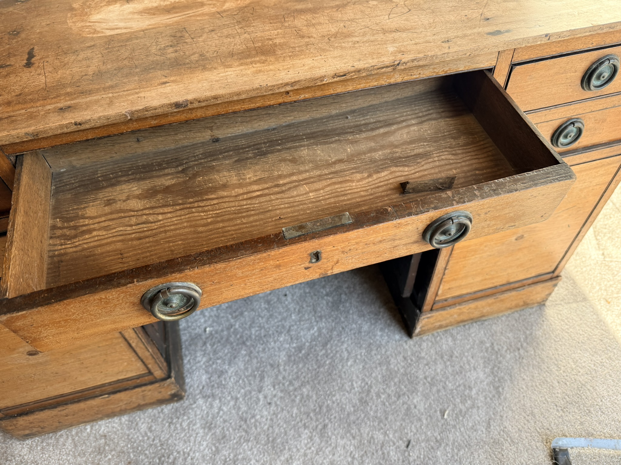 Vintage Antique Narrow Desk / Hall Unit with Five Drawers and Metal Ring Handles image 5