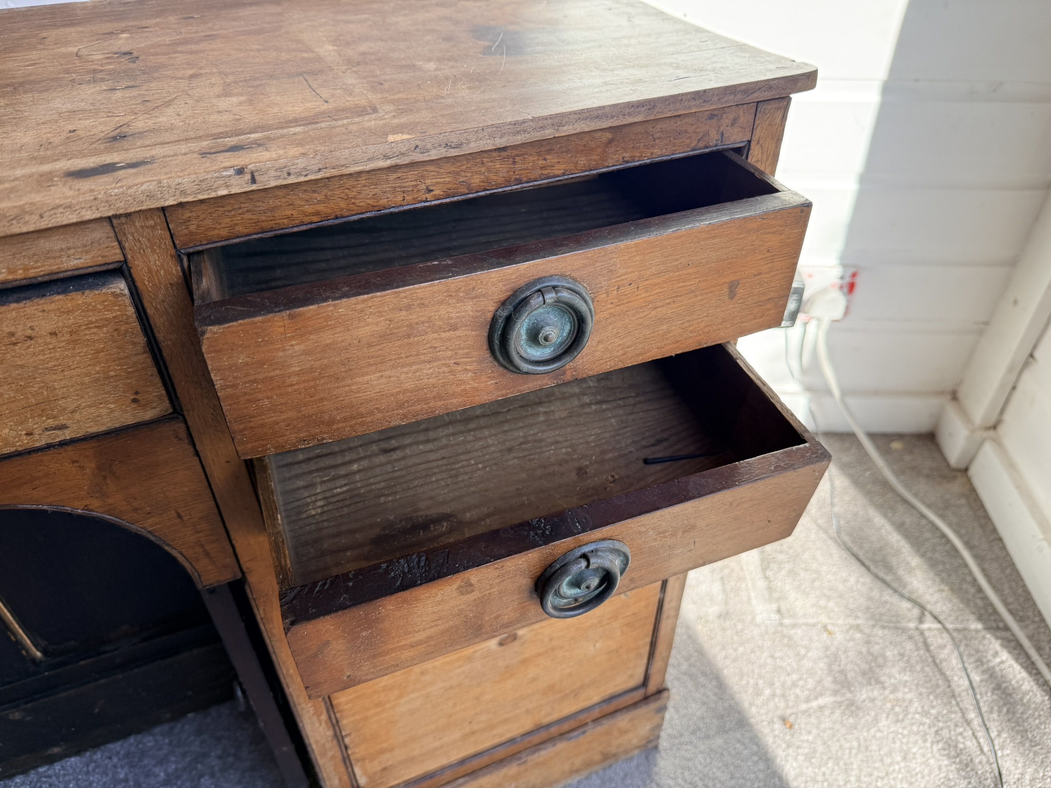 Vintage Antique Narrow Desk / Hall Unit with Five Drawers and Metal Ring Handles image 6