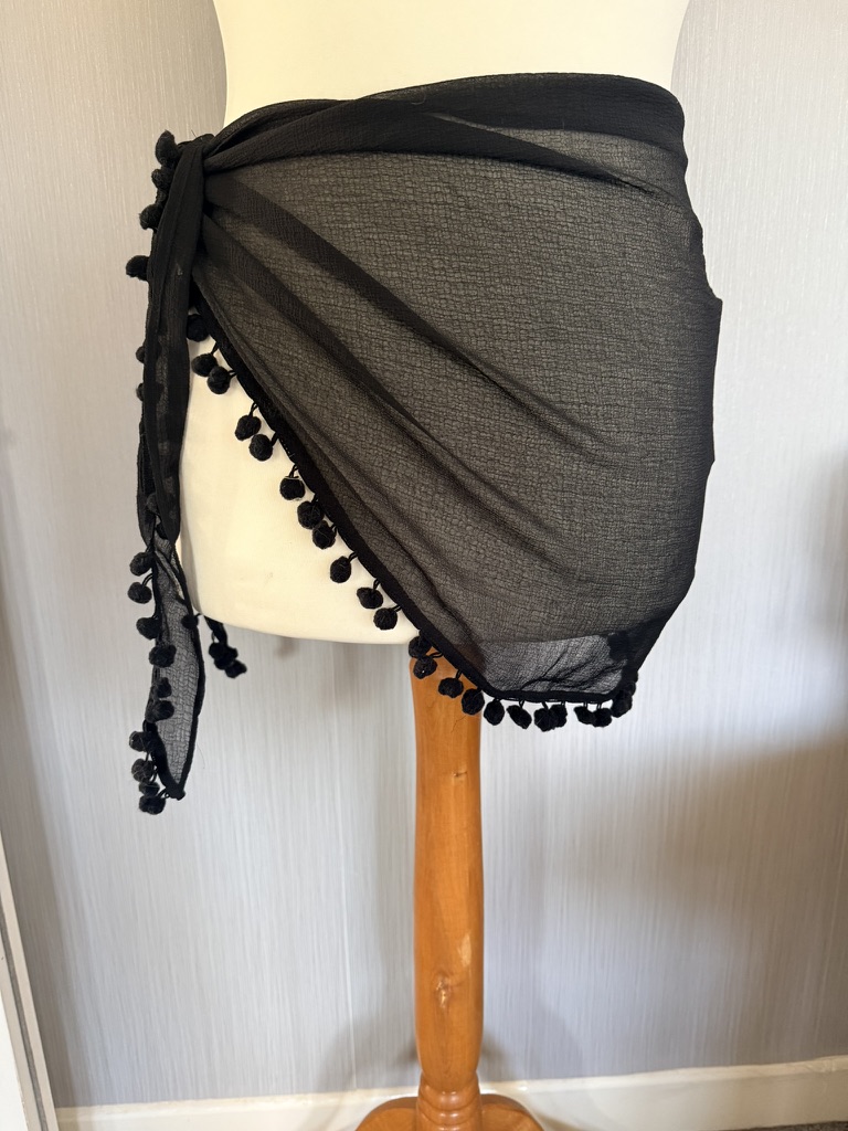 M&S Black Sheer Beach Sarong Large with Pom Pom Trim