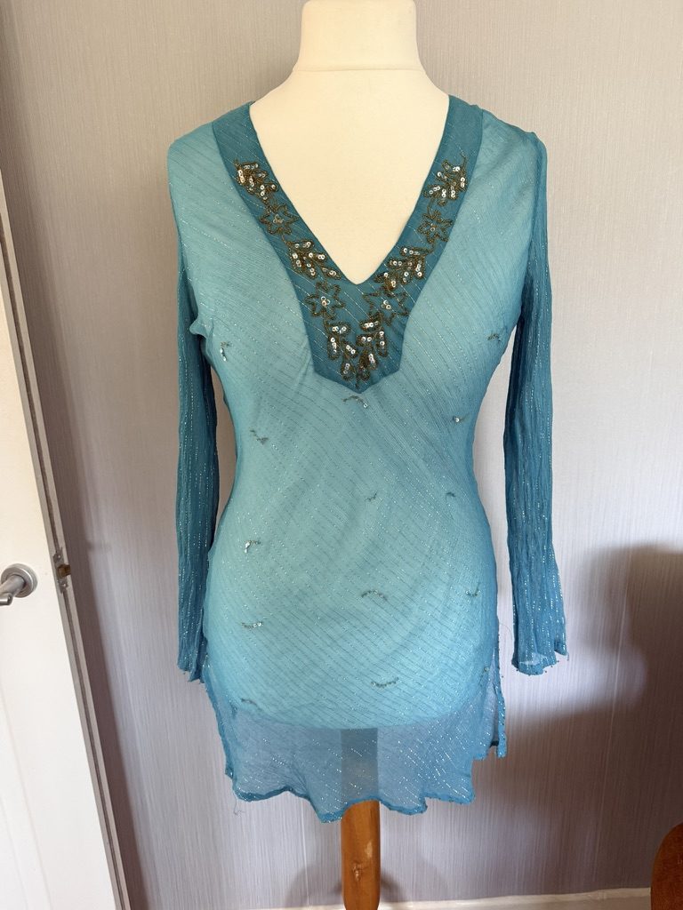 Blue Beaded V-Neck Long Sleeve Top Medium Sheer