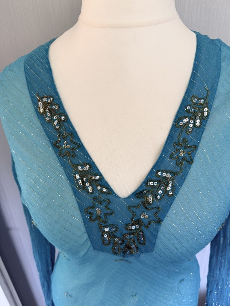 Blue Beaded V-Neck Long Sleeve Top Medium Sheer image 2