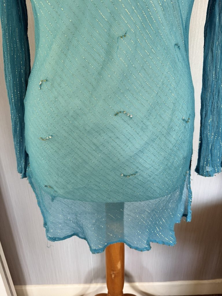 Blue Beaded V-Neck Long Sleeve Top Medium Sheer image 3
