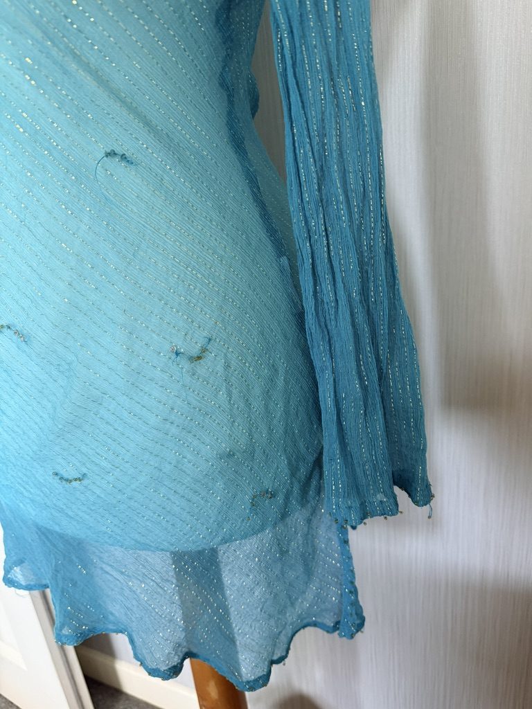 Blue Beaded V-Neck Long Sleeve Top Medium Sheer image 4