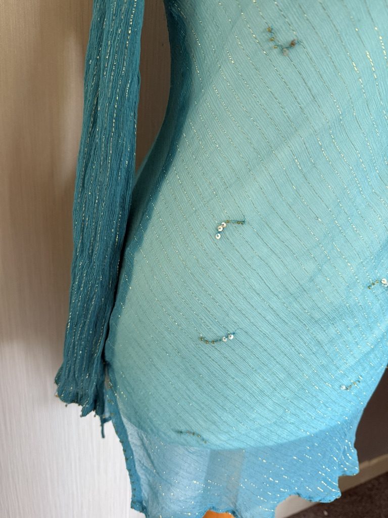 Blue Beaded V-Neck Long Sleeve Top Medium Sheer image 5