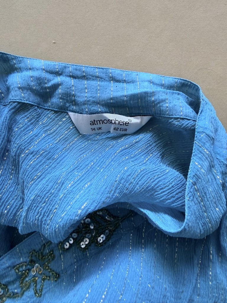 Blue Beaded V-Neck Long Sleeve Top Medium Sheer image 7