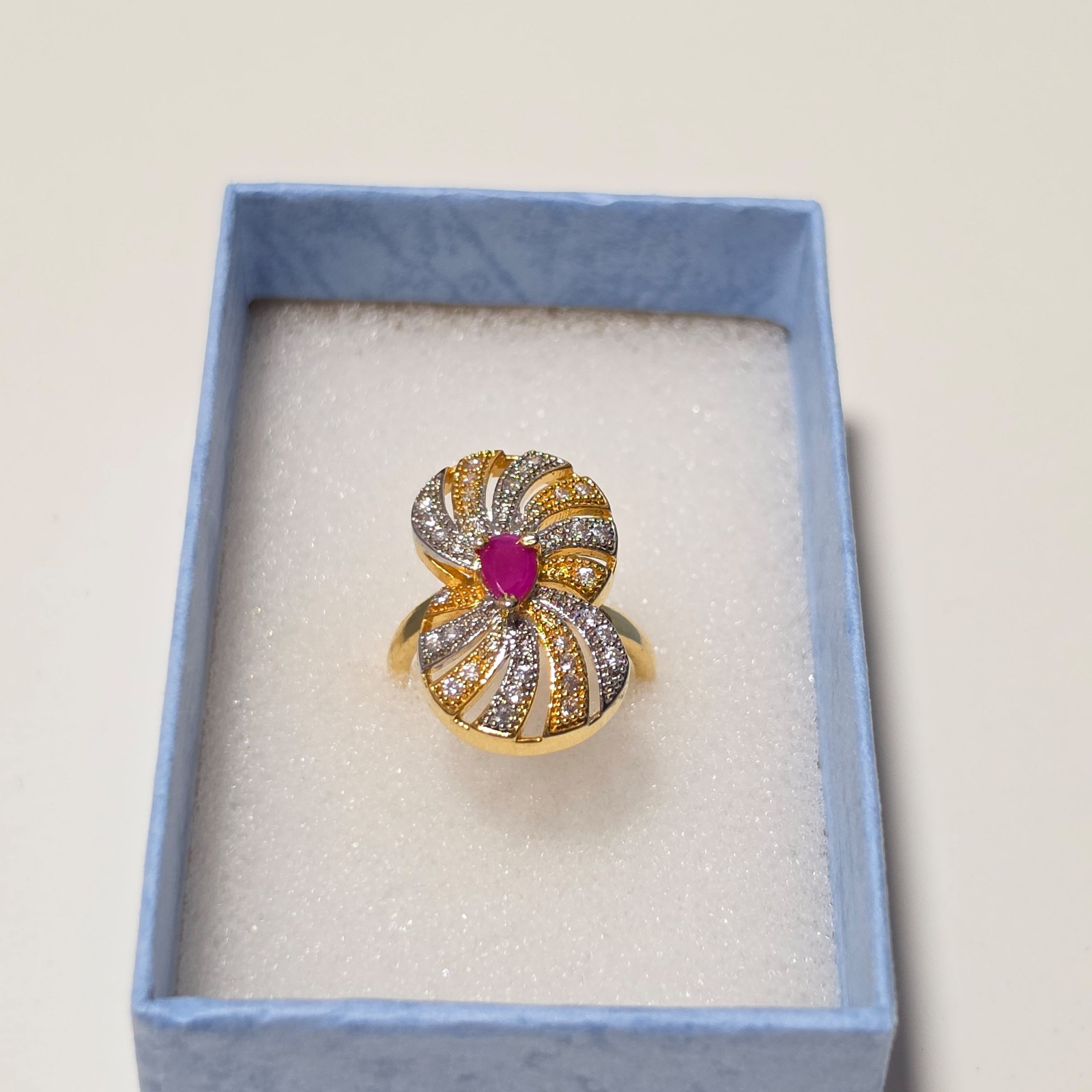 Costume Gold Tone & Silver Crystal Pink Gemstone Cocktail Ring