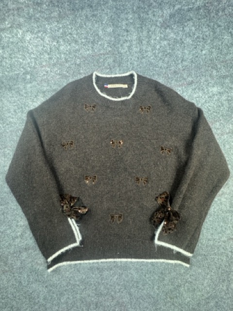 AZAKA Paris Bow Appliqué Knit Jumper Women’s Medium Brown & White Trim