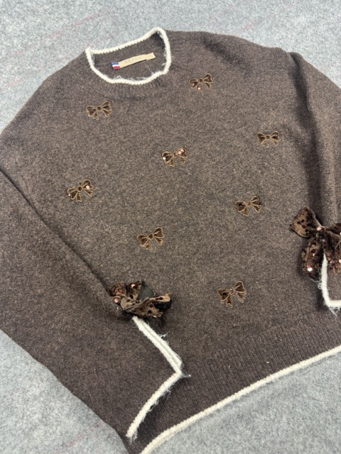 AZAKA Paris Bow Appliqué Knit Jumper Women’s Medium Brown & White Trim image 2
