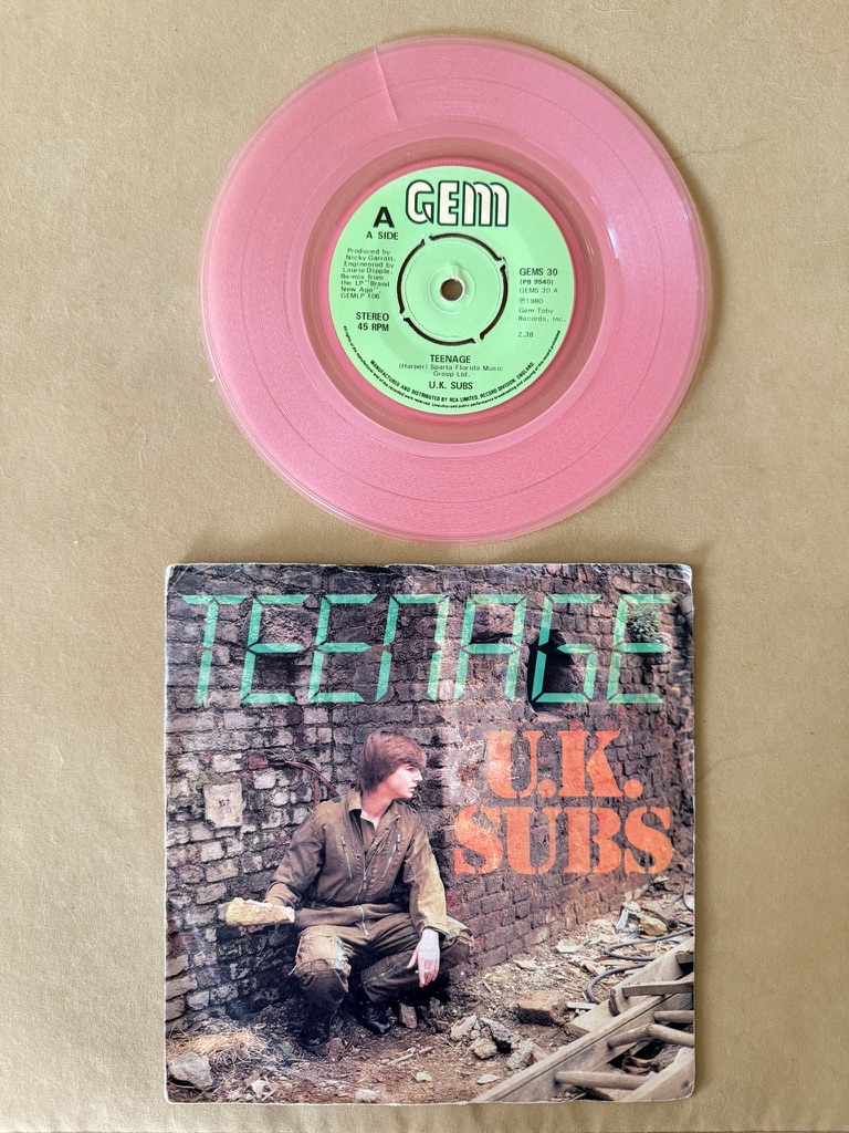 U.K. Subs Pink Vinyl 7" Single Teenage 1980 Punk Rock Record