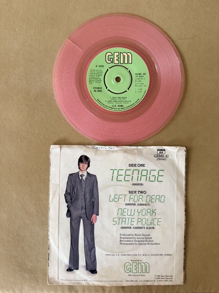 U.K. Subs Pink Vinyl 7" Single Teenage 1980 Punk Rock Record image 2