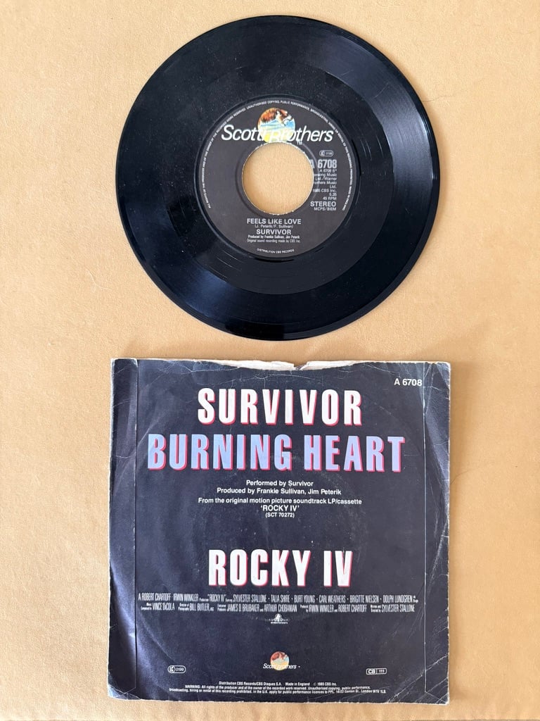 Survivor Vinyl Record Burning Heart Rocky IV Single 7" image 2