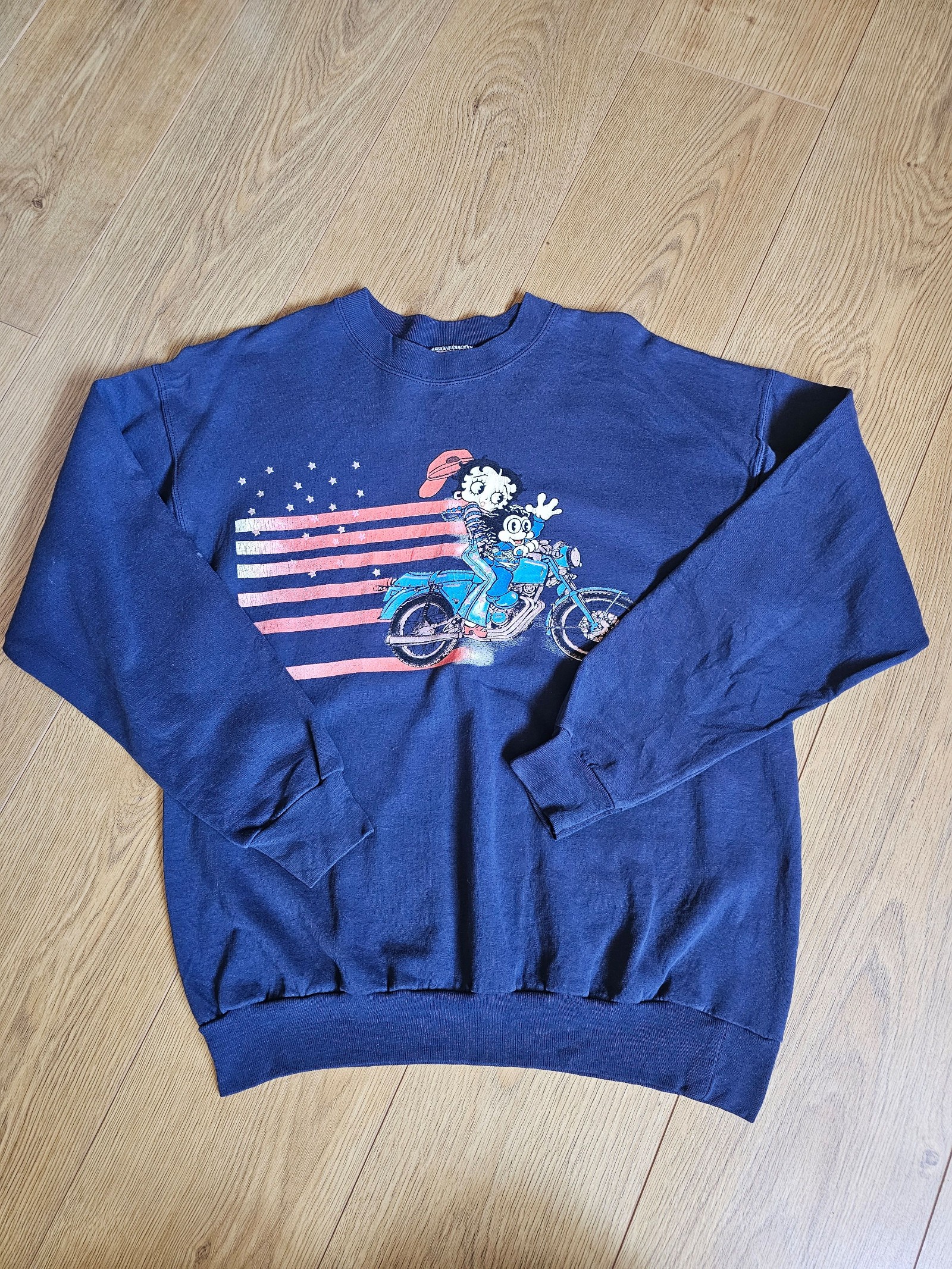 Hanes Navy Betty Boop Motorcycle Graphic Sweatshirt Large