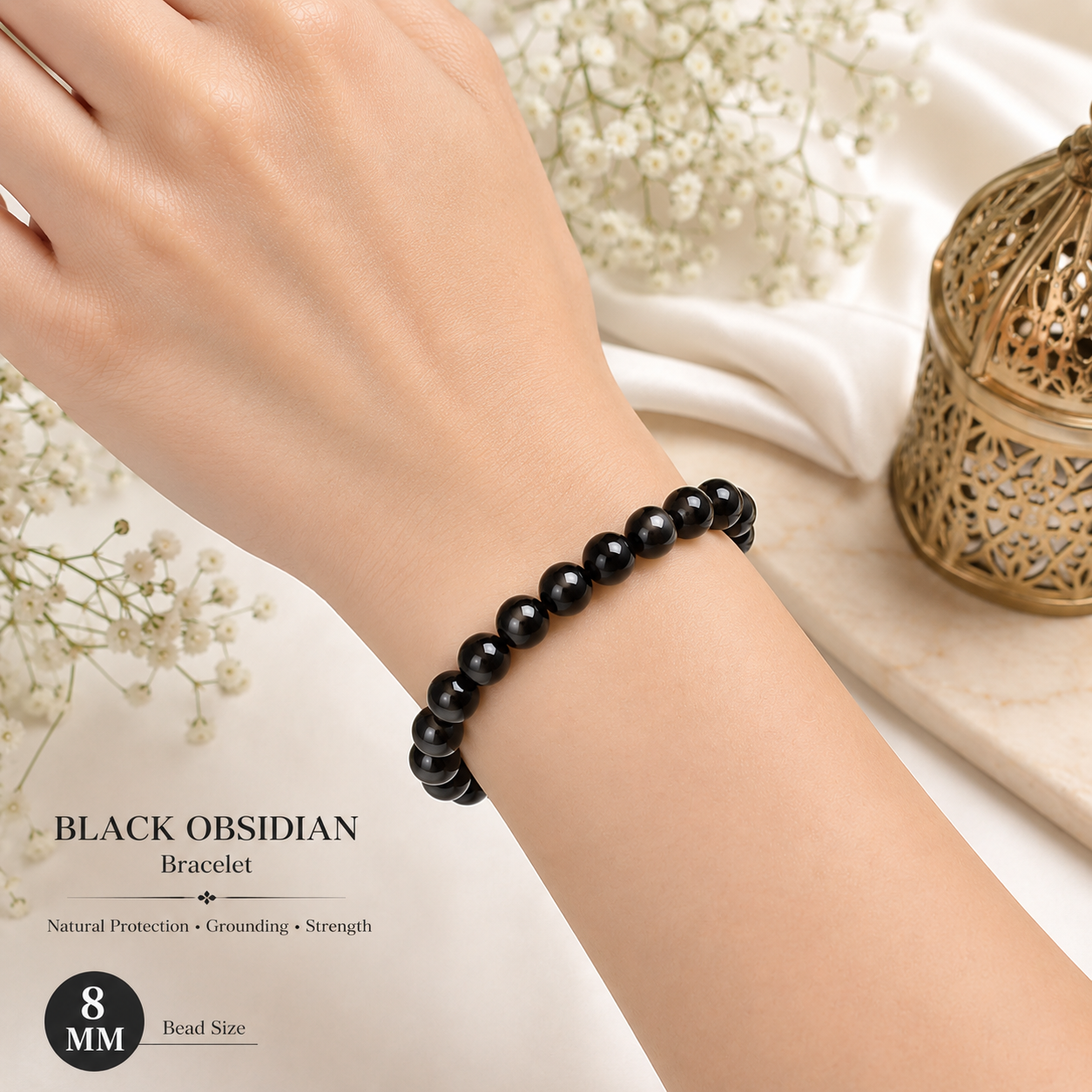Black Obsidian Beaded Bracelet 8mm Natural Stone