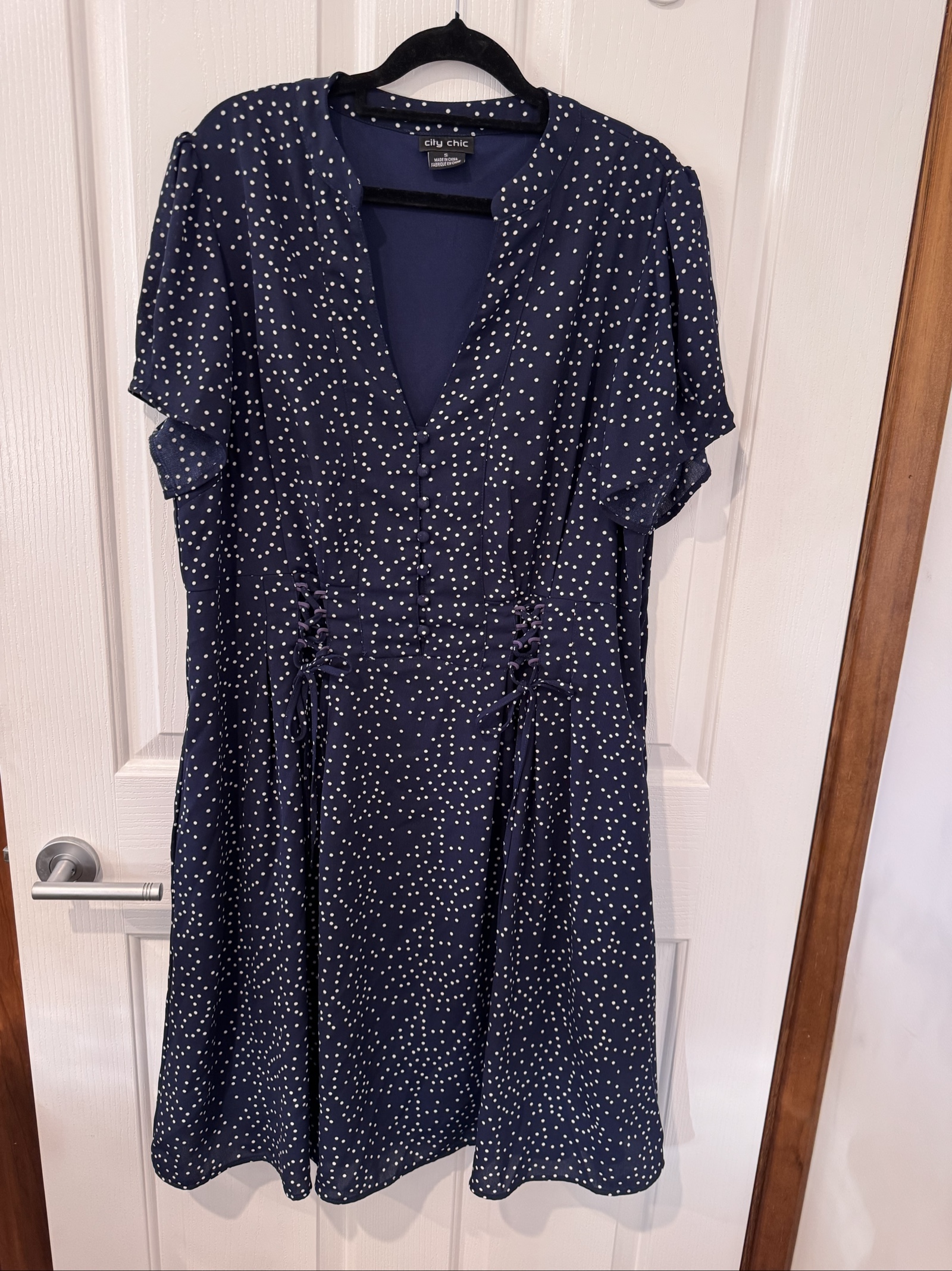 City Chic Navy & White Polka Dot Dress Small Lace Detail