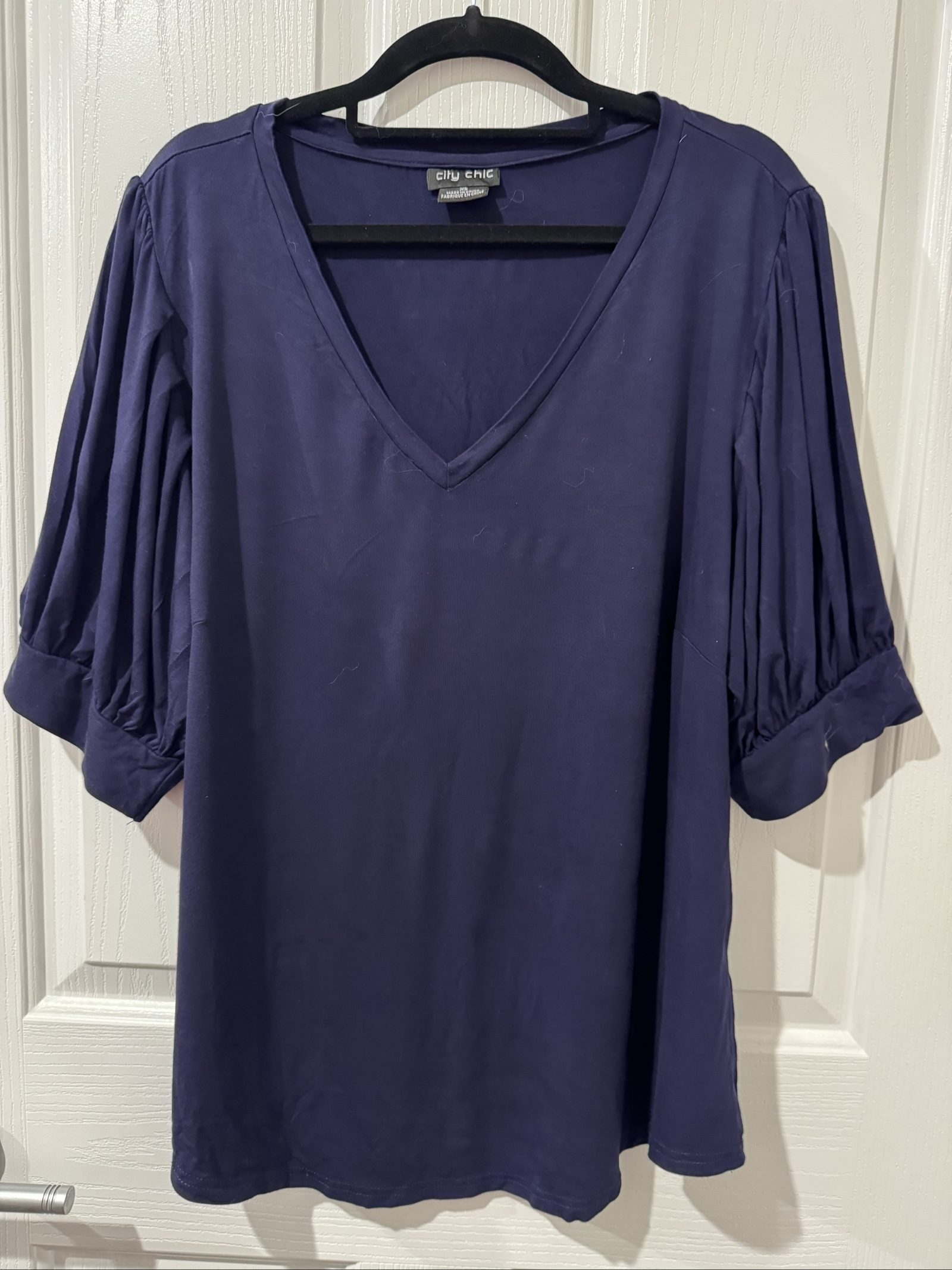 City Chic Navy Blue V-Neck Top XS Pleated Sleeves