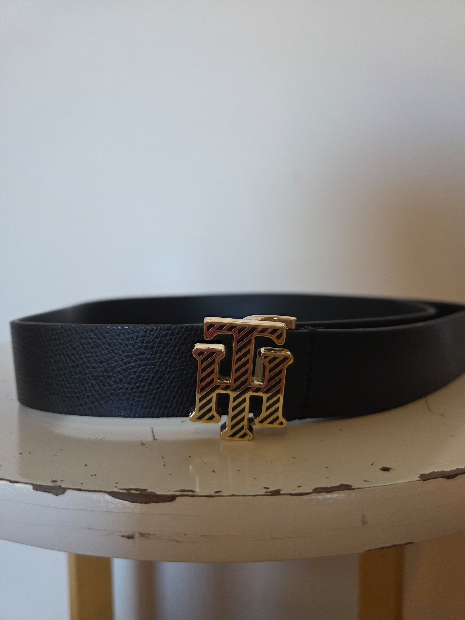 Tommy Hilfiger Black Genuine Leather Belt 90 cm Gold Buckle