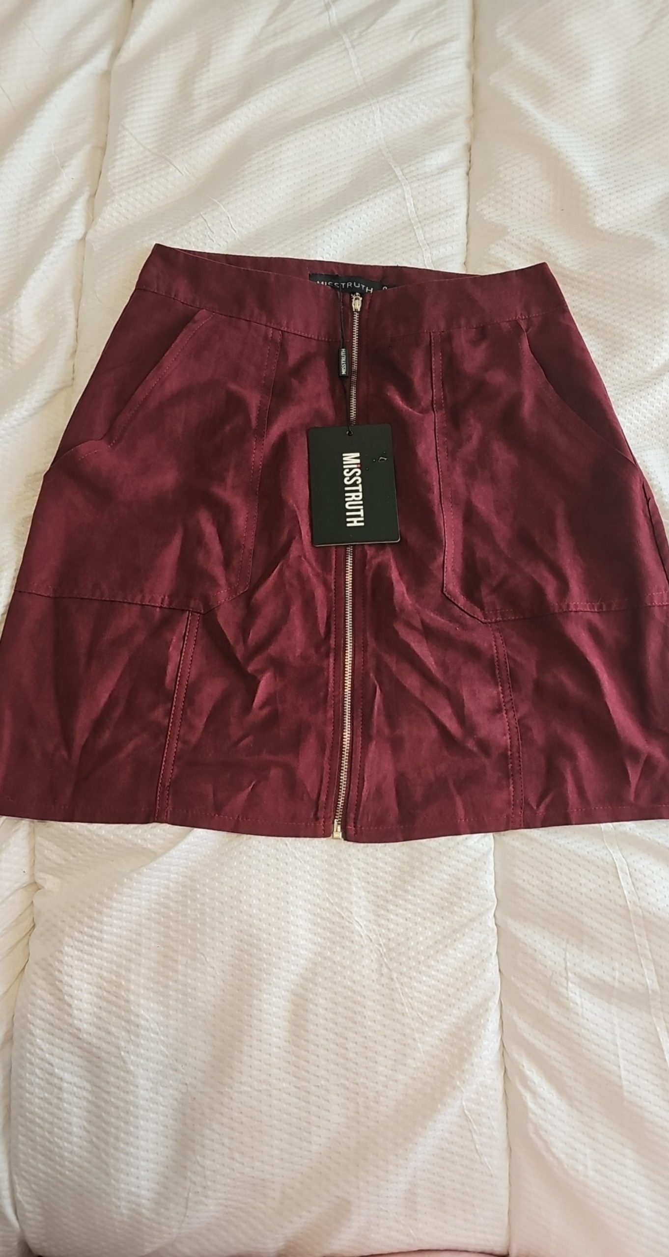 Miss Truth Wine Faux Suede Zip Front Skirt UK 8